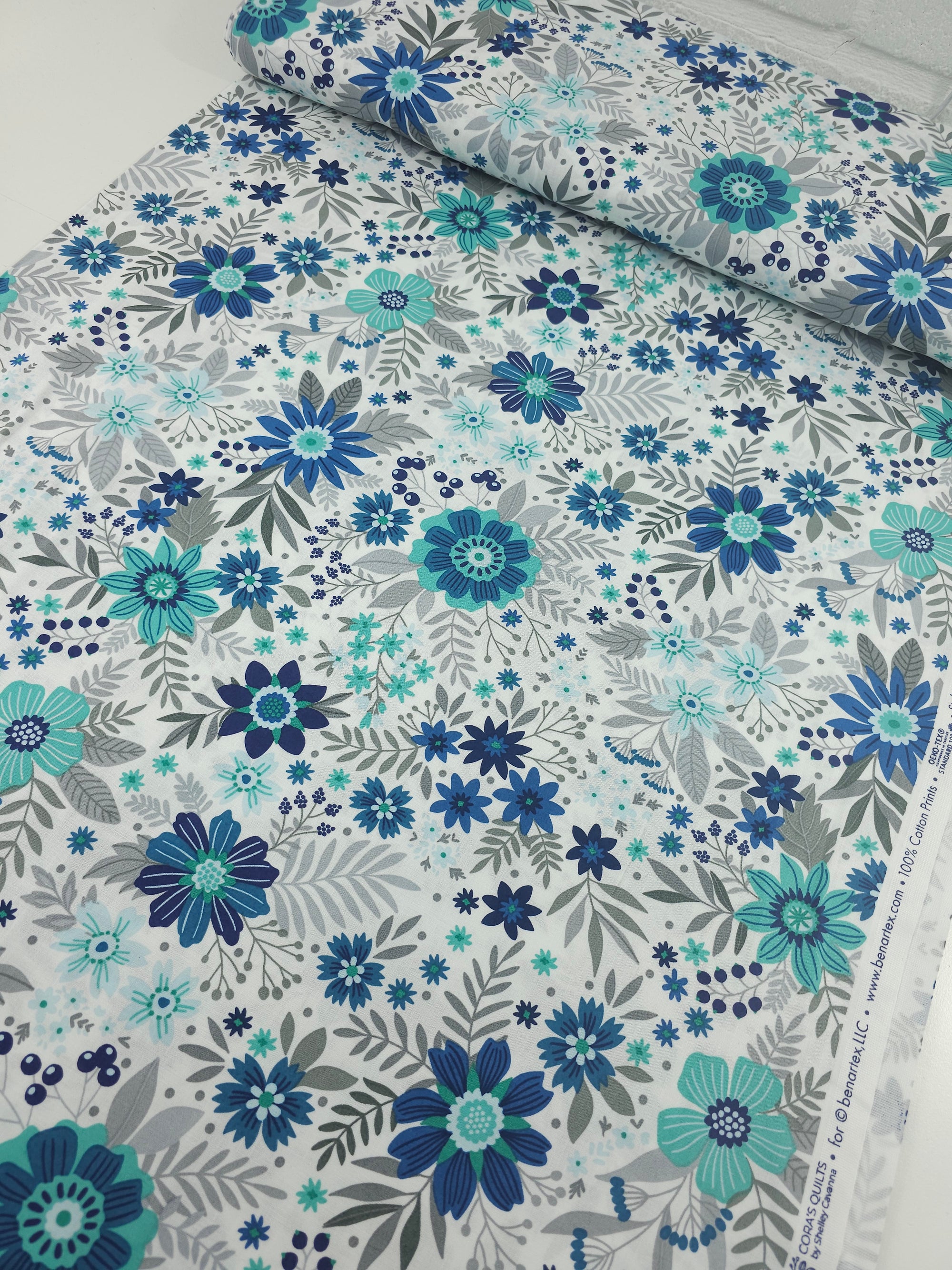 Teal/Grey Cottage Garden Floral 100% Cotton - Benartex