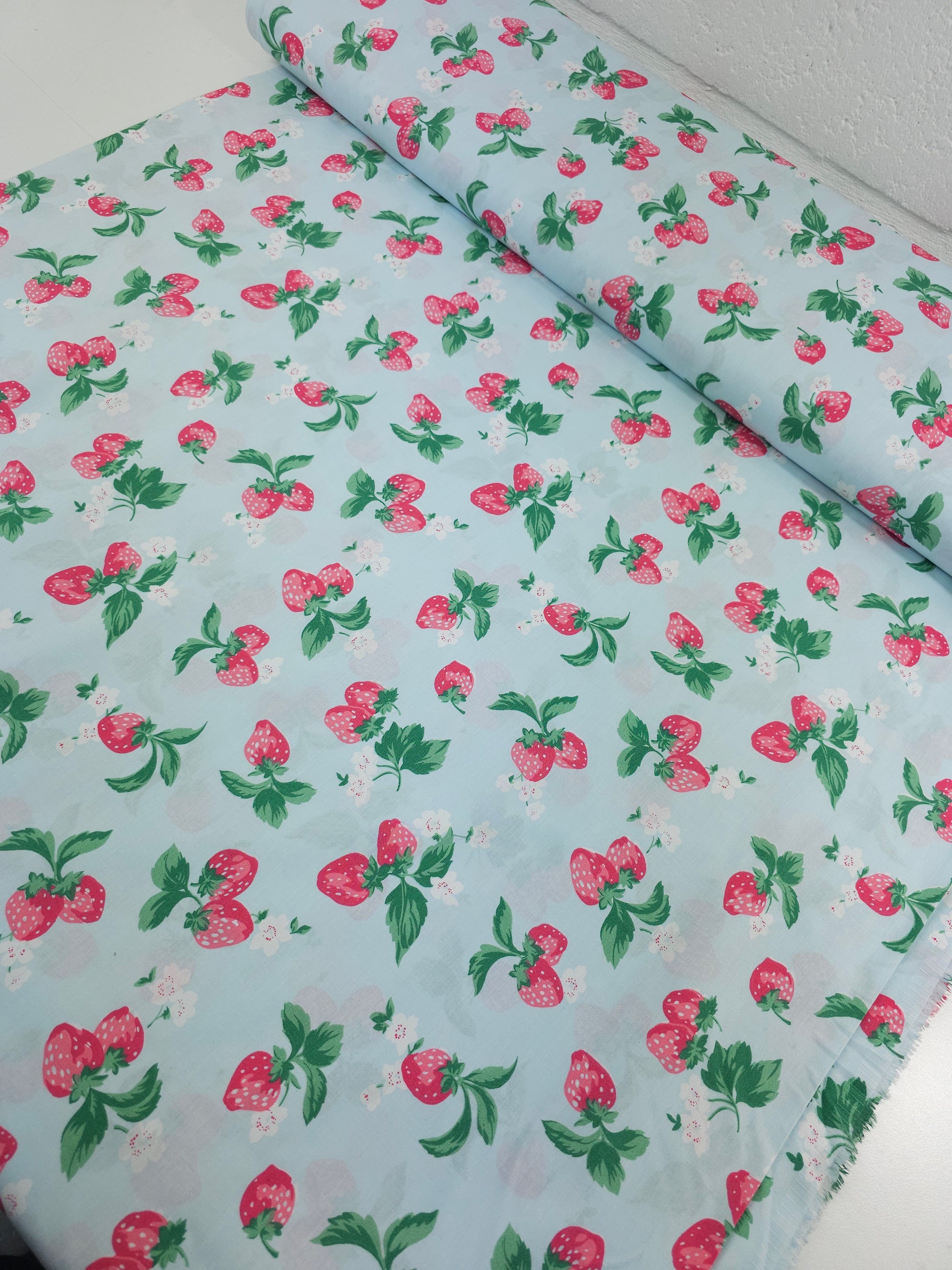 Light Blue Retro Strawberry 100% Percale Cotton 116" *EXTRA WIDE*