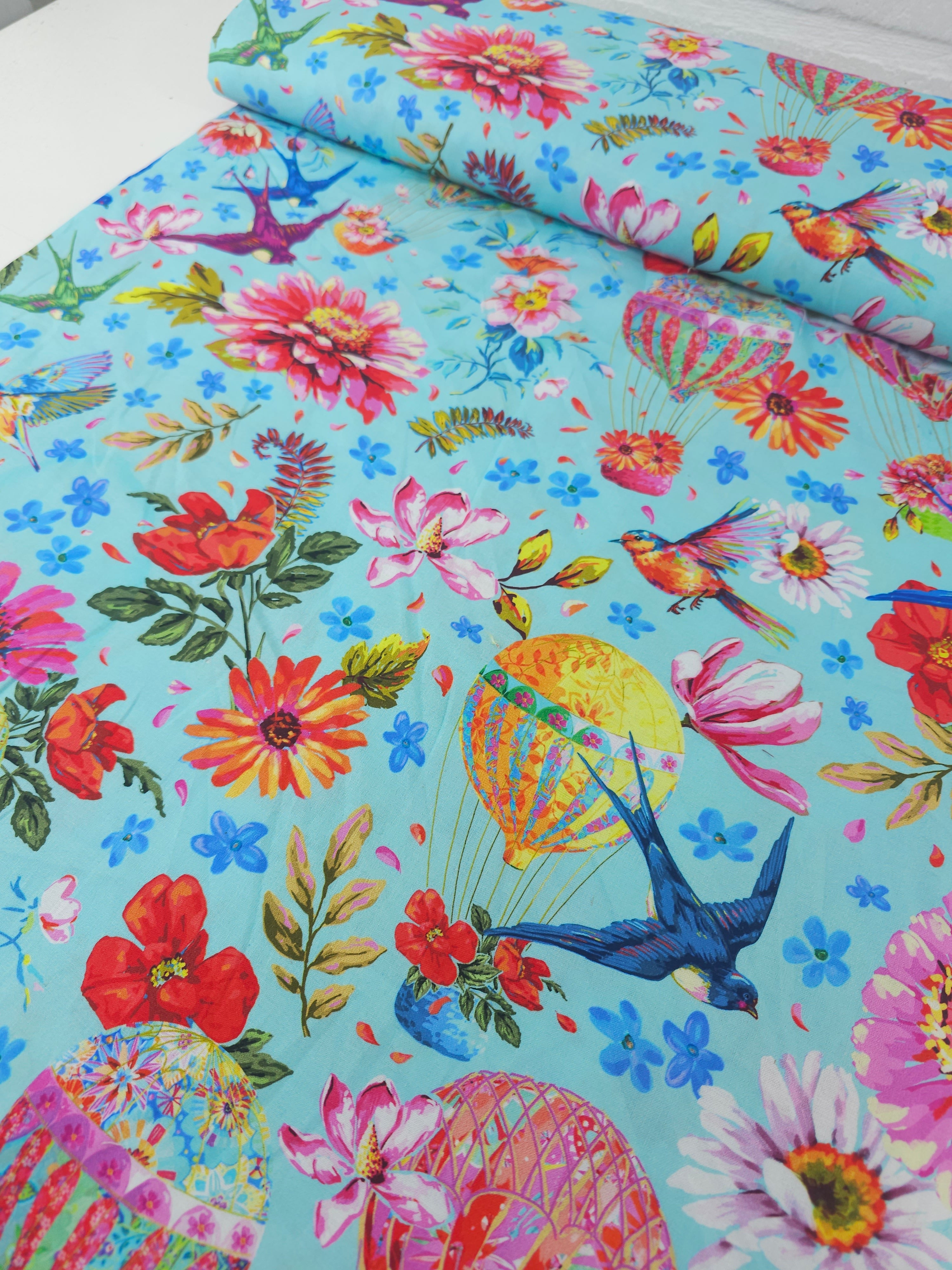 Hummingbird Floral Hot Air Balloons 100% Cotton - Odile Bailloeul