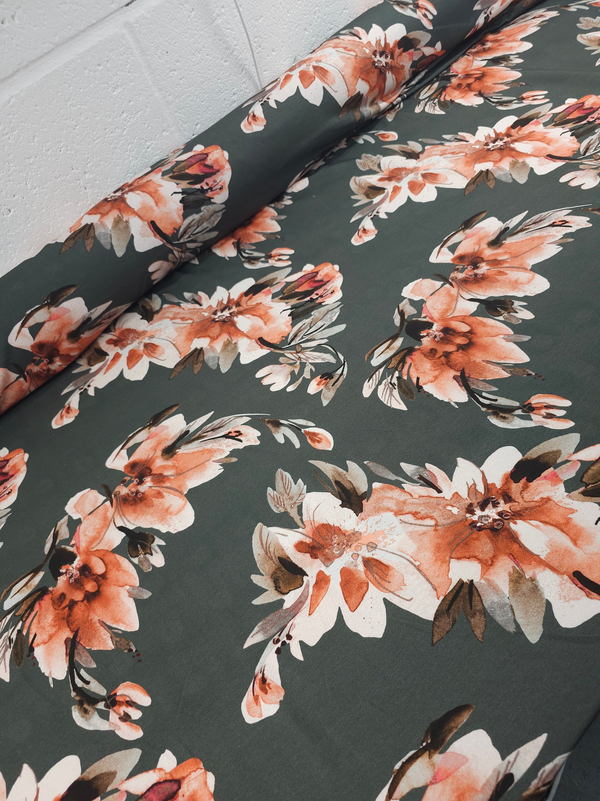 Pine/Rust Retro Watercolour Floral Lightweight Cotton Loopback