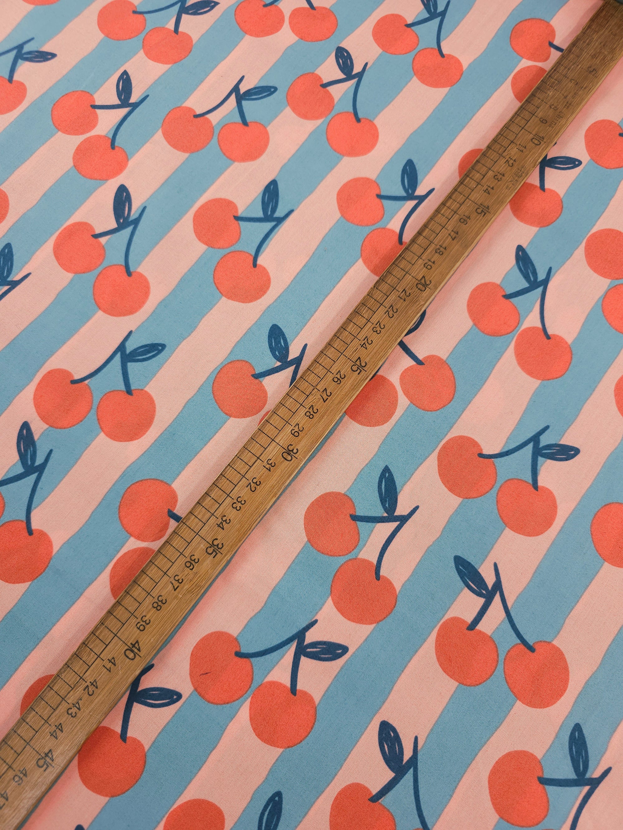 Peach/Teal Cherry Stripe 100% Cotton 57"