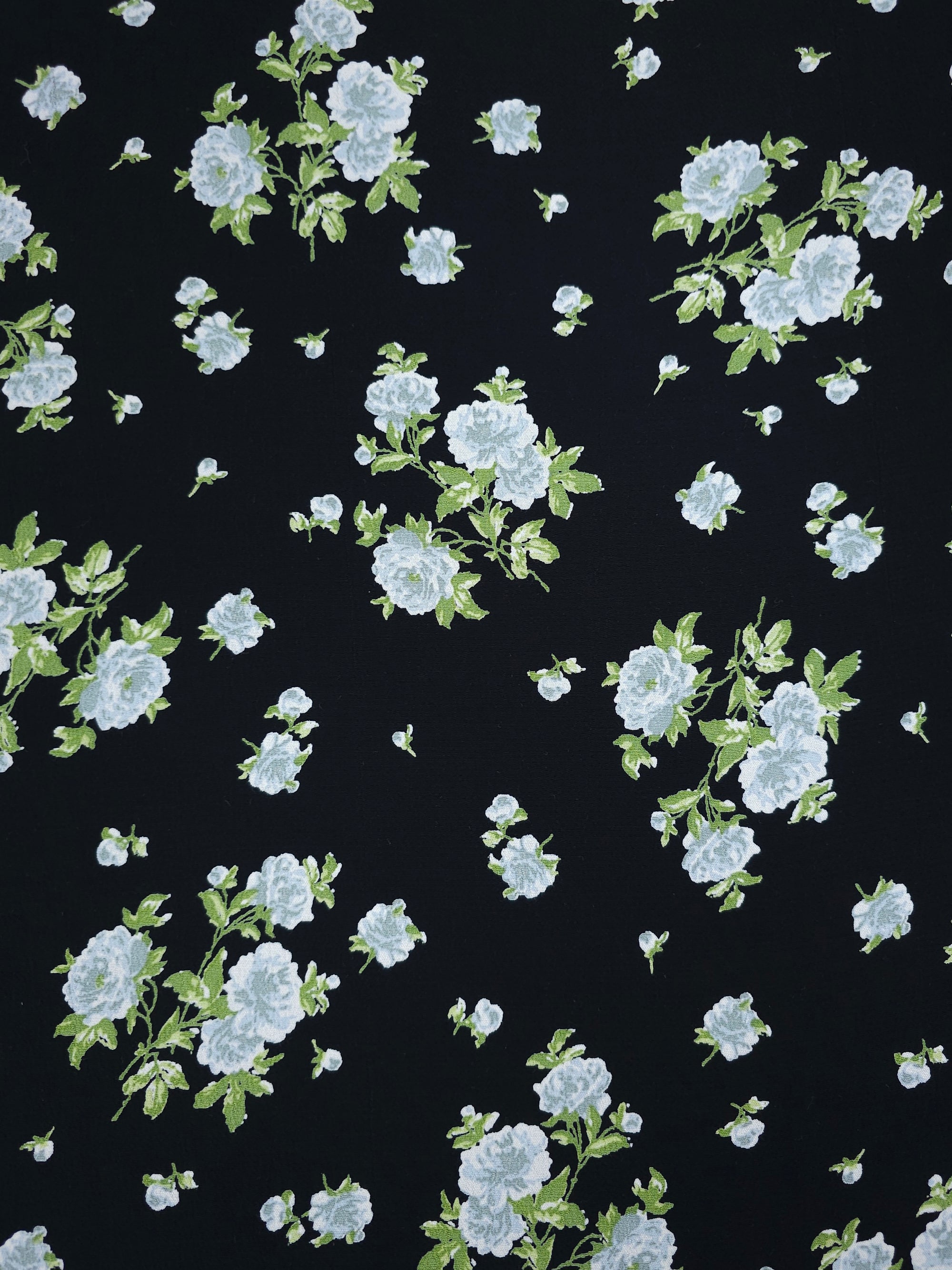Light Blue/Black Floral Bouquet Viscose Crepe