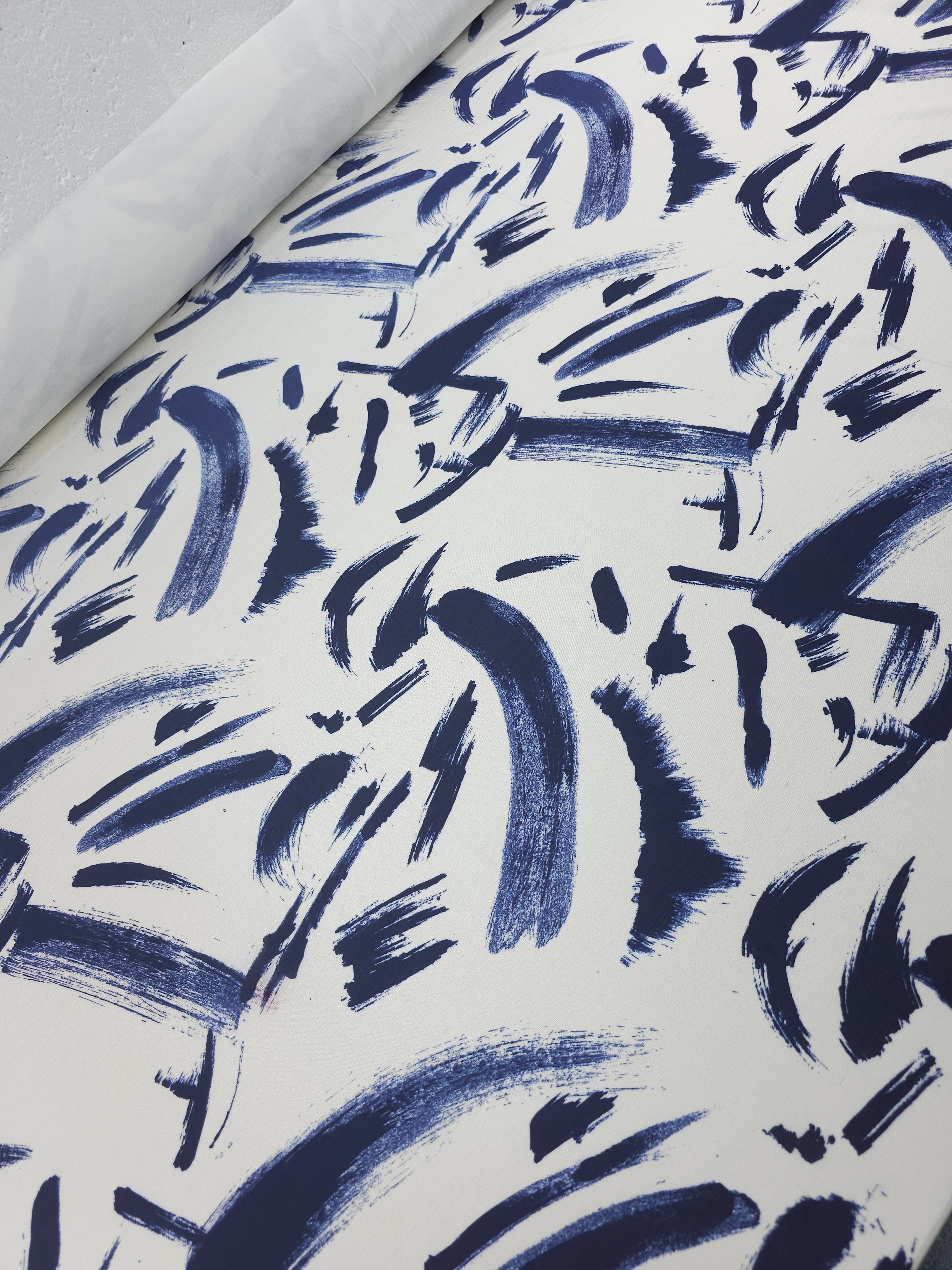 Indigo Abstract Brushstroke Slinky Rayon Jersey