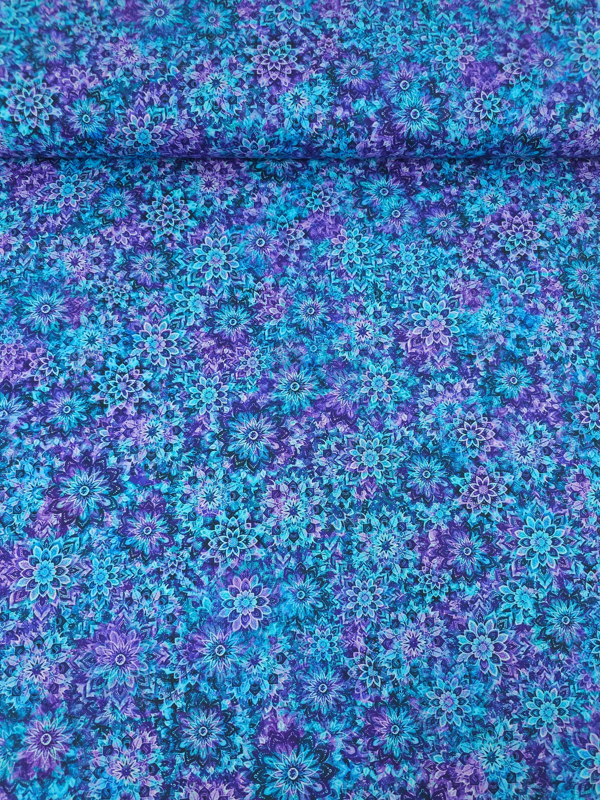 Purple/Turquoise Dancing Dahlias Kaleidoscope 100% Cotton