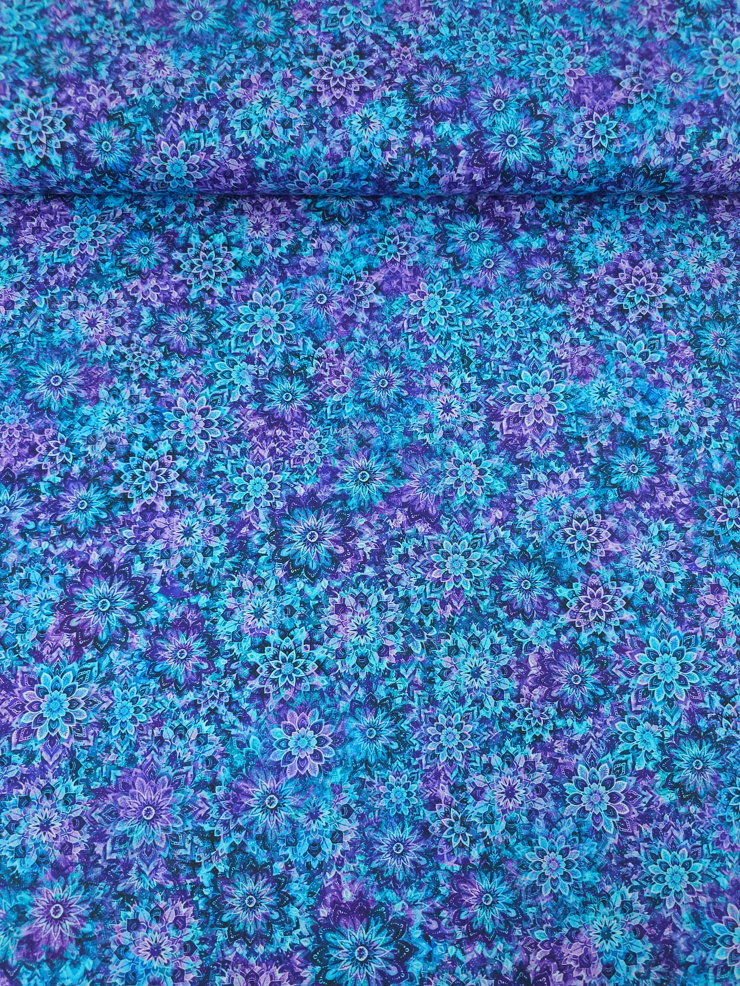 Purple/Turquoise Dancing Dahlias Kaleidoscope 100% Cotton