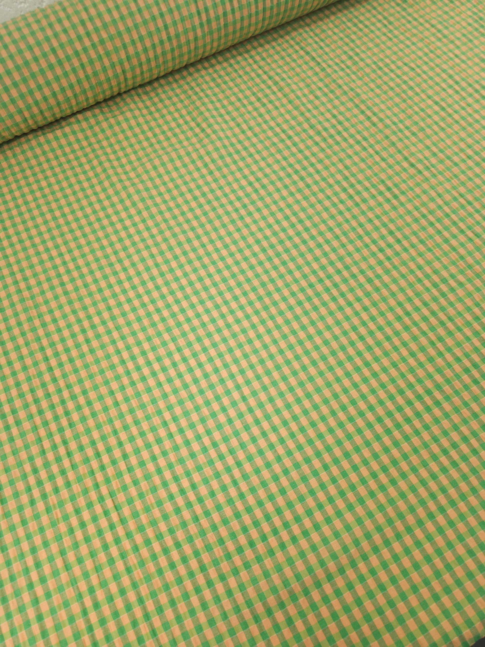 Green/Peach Crinkle Gingham Cotton Poly