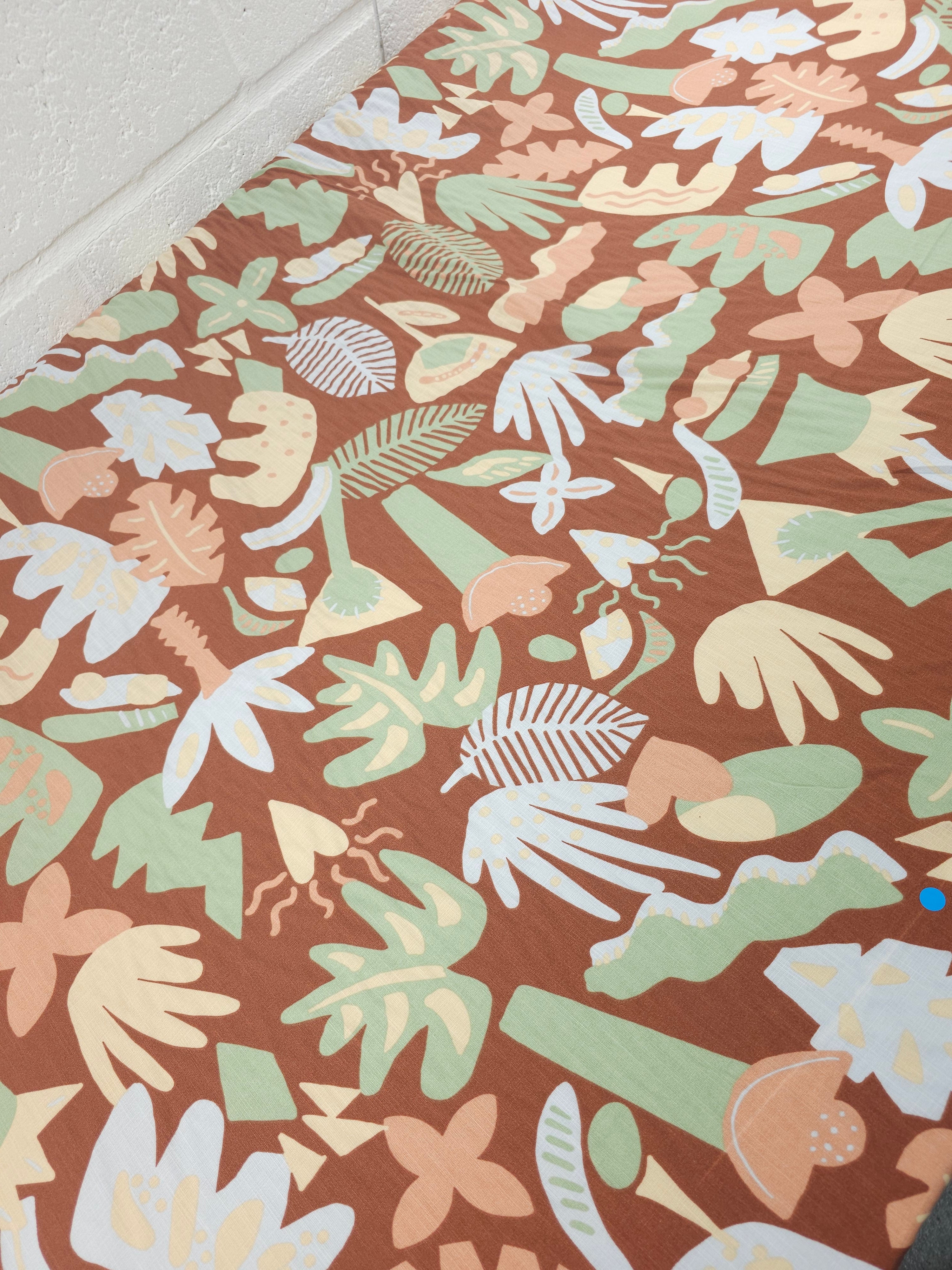 Warm Brown Doodle Palm Leaf Flax Cotton *DEFECT*