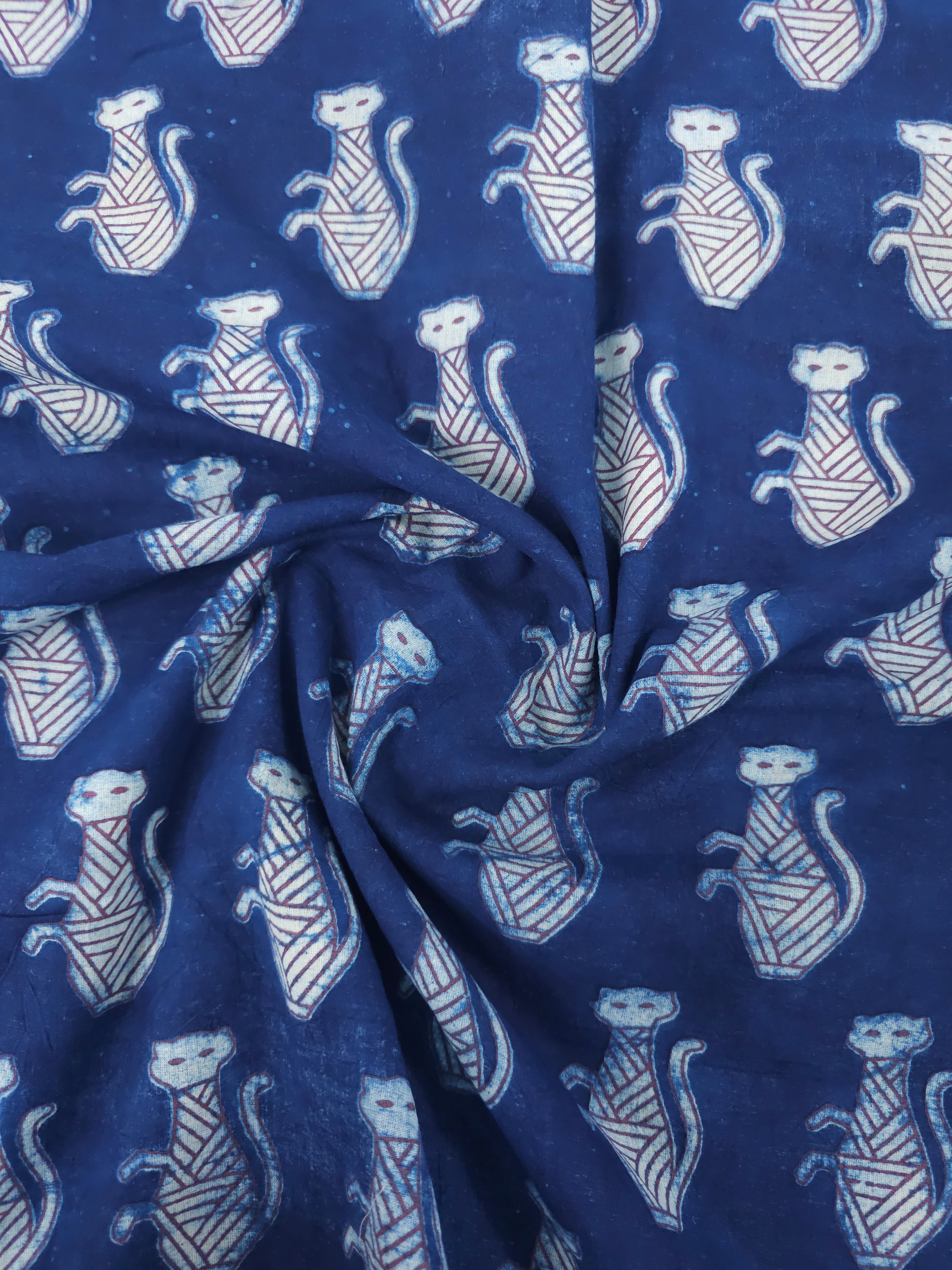 Indigo Egyptian Cat Block Print Cotton