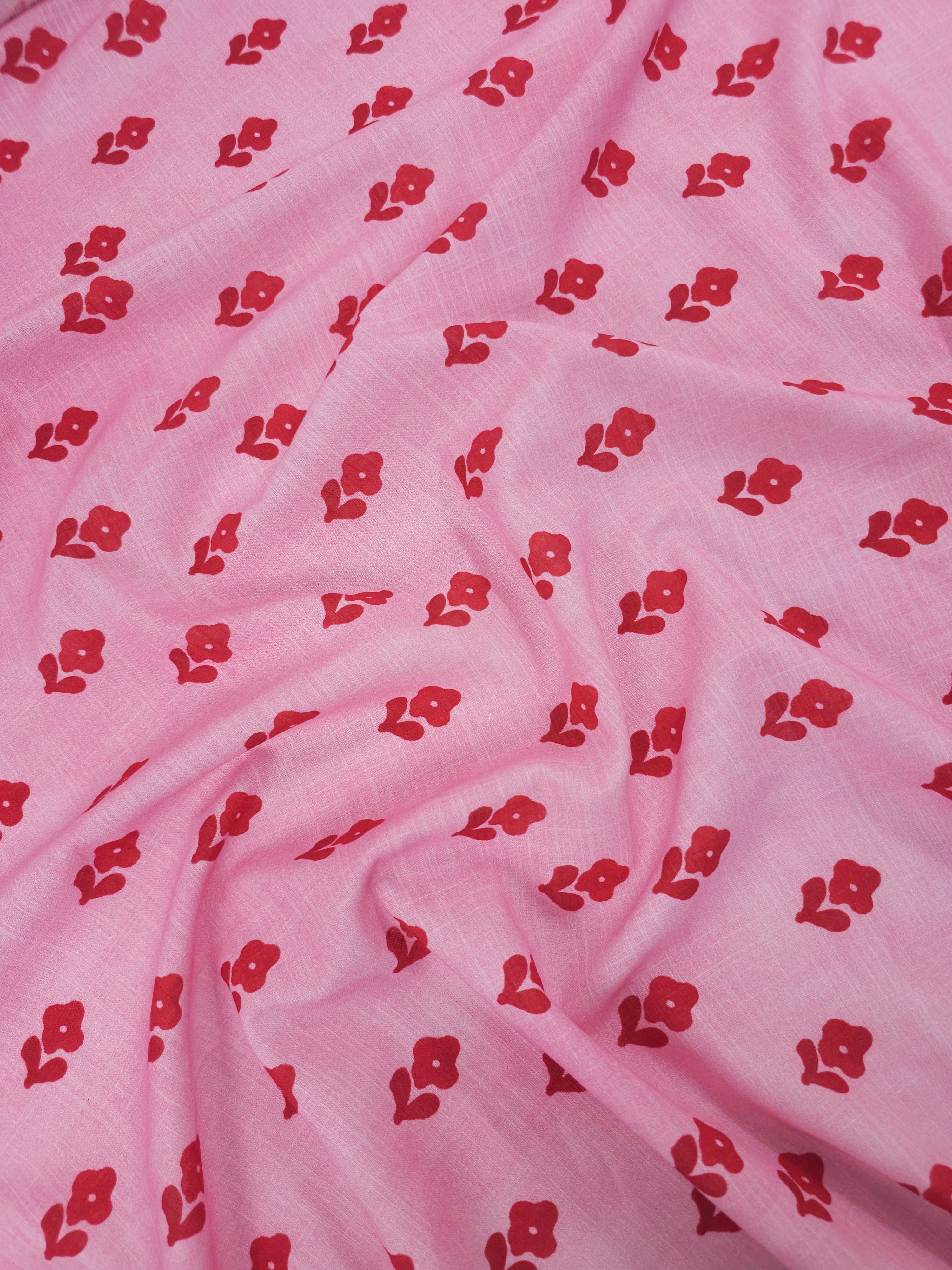 Pink/Red Washed Ditsy Floral Linen Look Cotton
