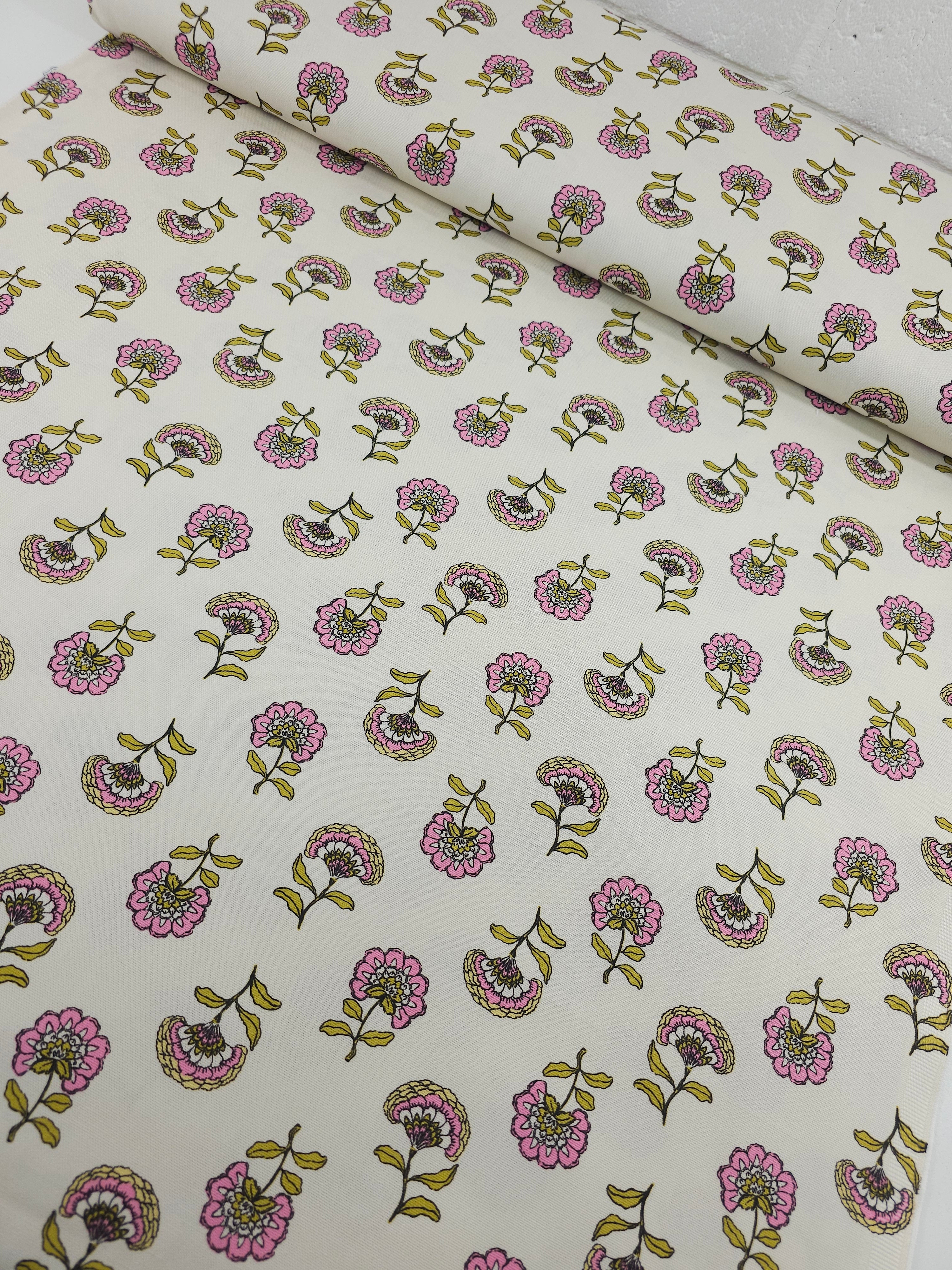 Mustard/Pink Floating Flowers Lightweight Canvas Cotton