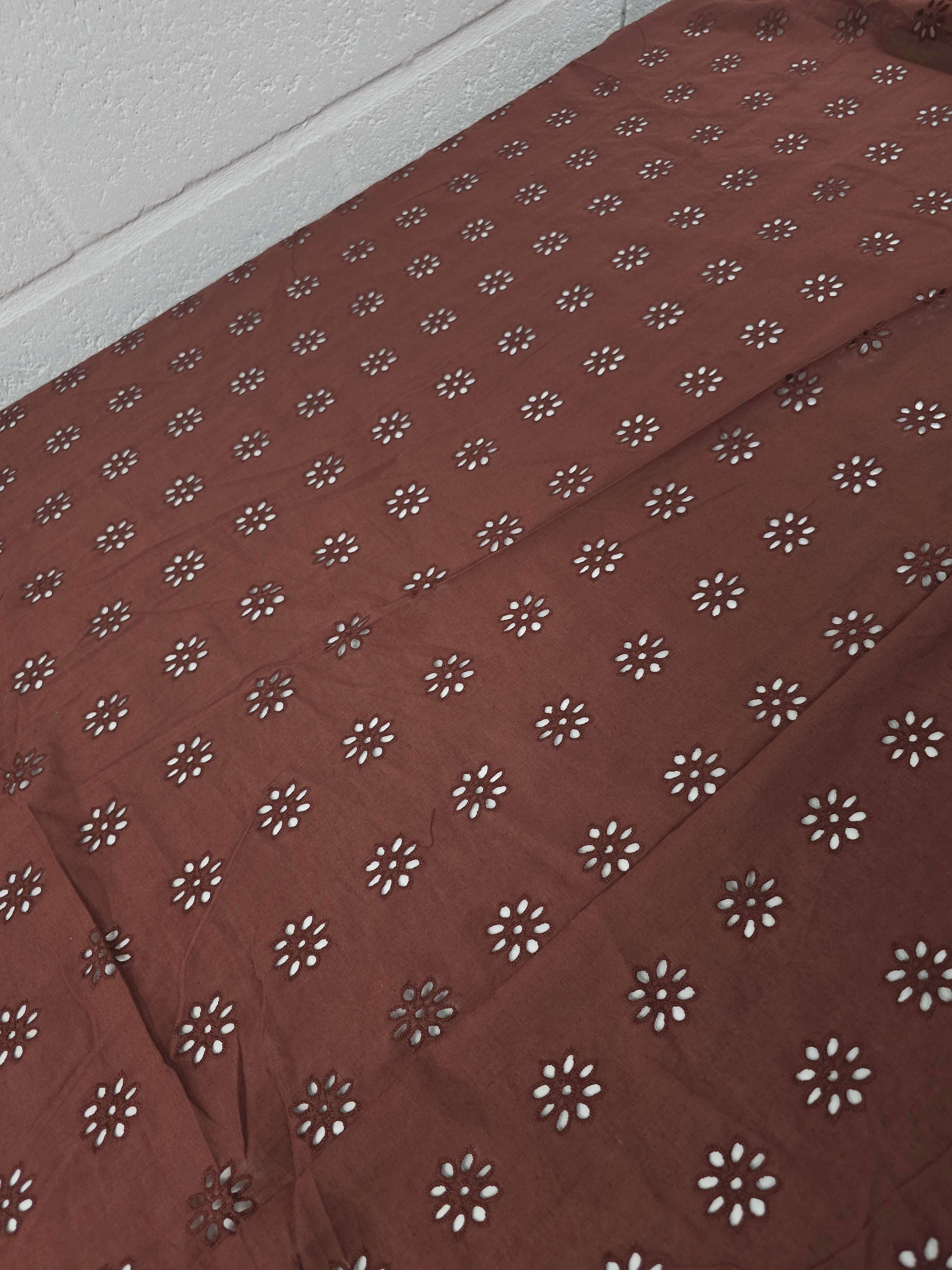 Chocolate Broqn Flower Power Cambric Cotton Broderie Anglaise
