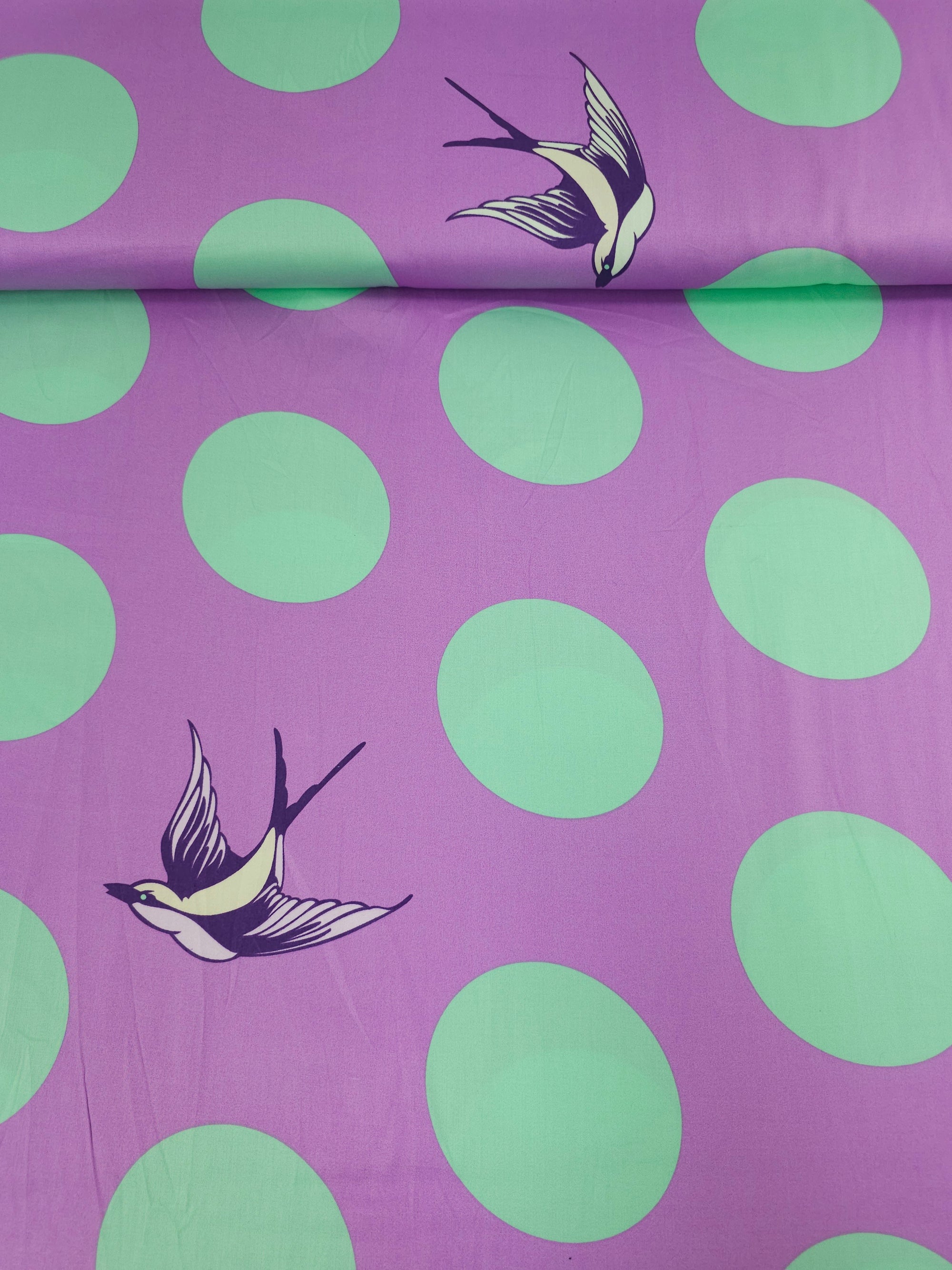 Purple/Mint Polka Free Fall Bird Polka Cotton Sateen 103" - Tula Pink *EXTRA WIDE*