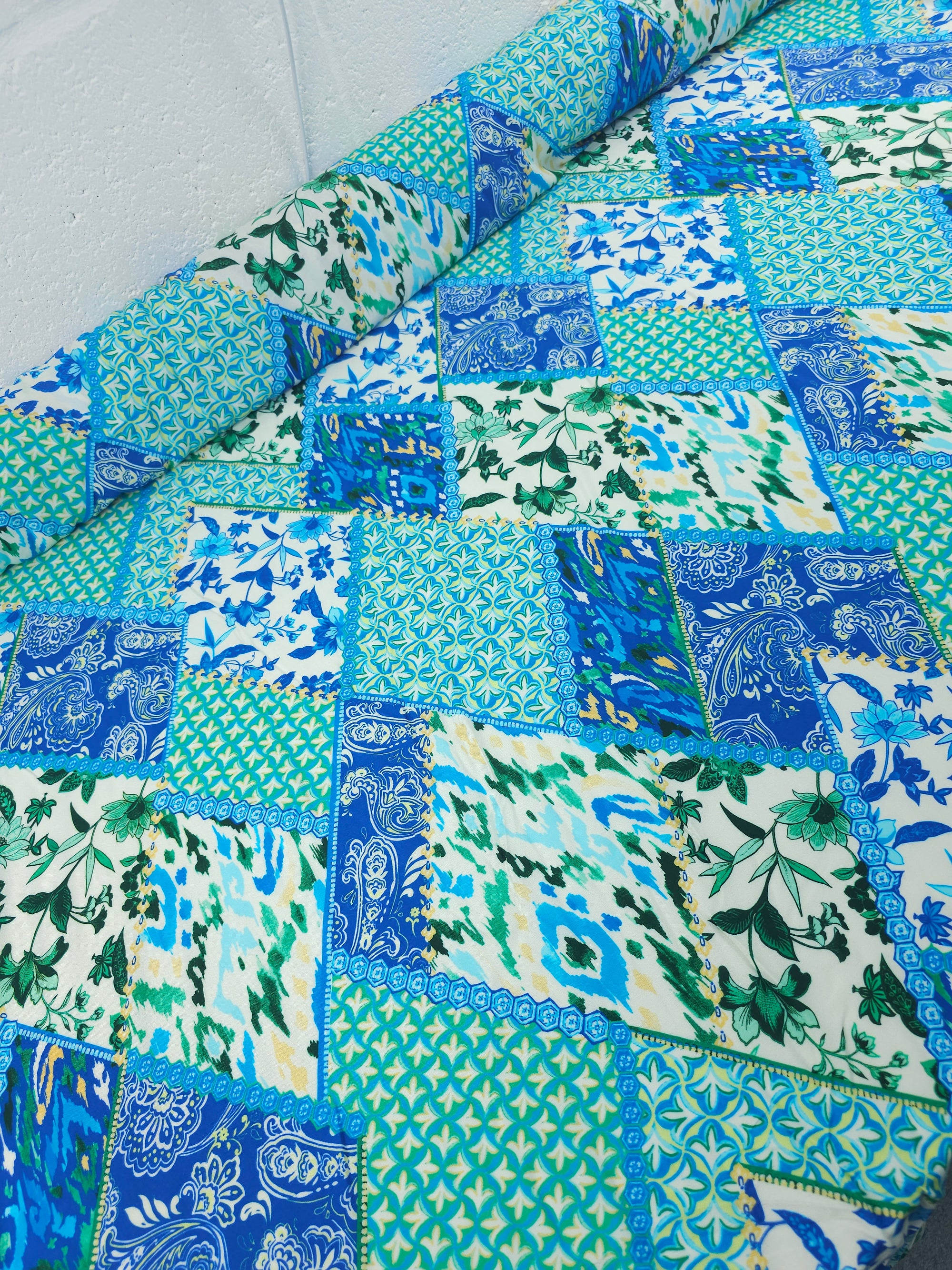 Blue/Green Diamond Tile Viscose Challis