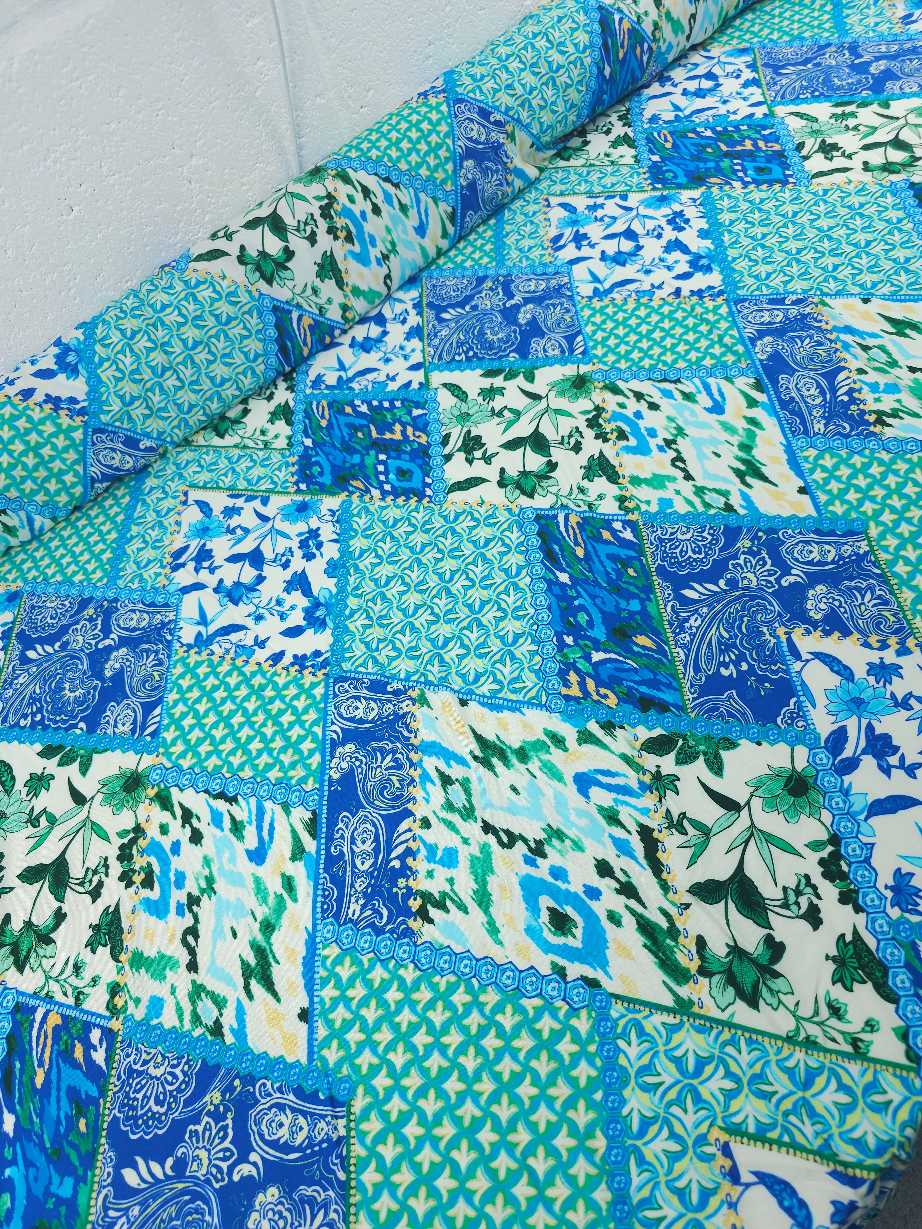 Blue/Green Diamond Tile Viscose Challis
