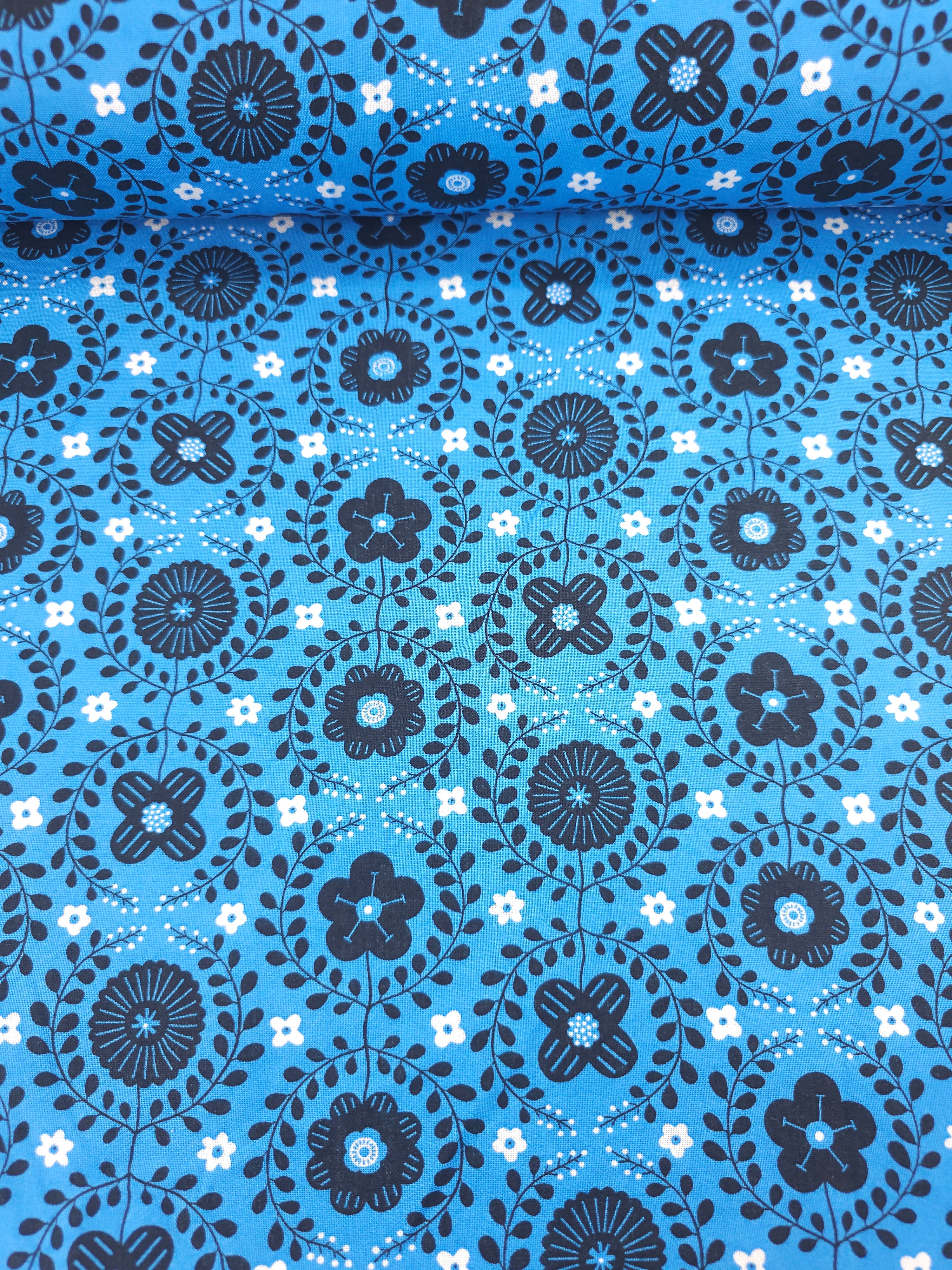 Blue/Black Abstract Flower Wreath 100% Cotton