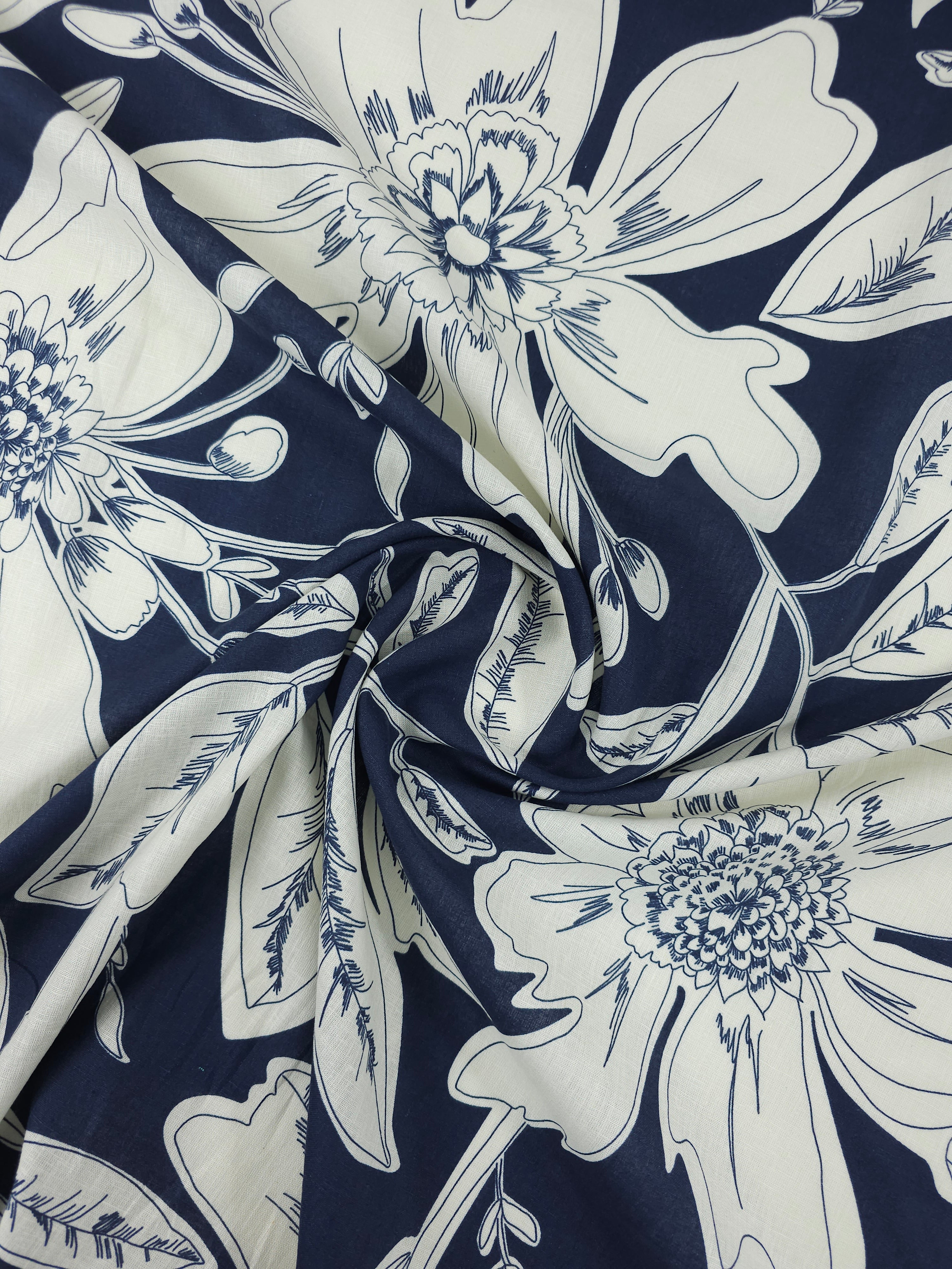 Navy/Ivory Large Floral 100% Linen *DEFECT*