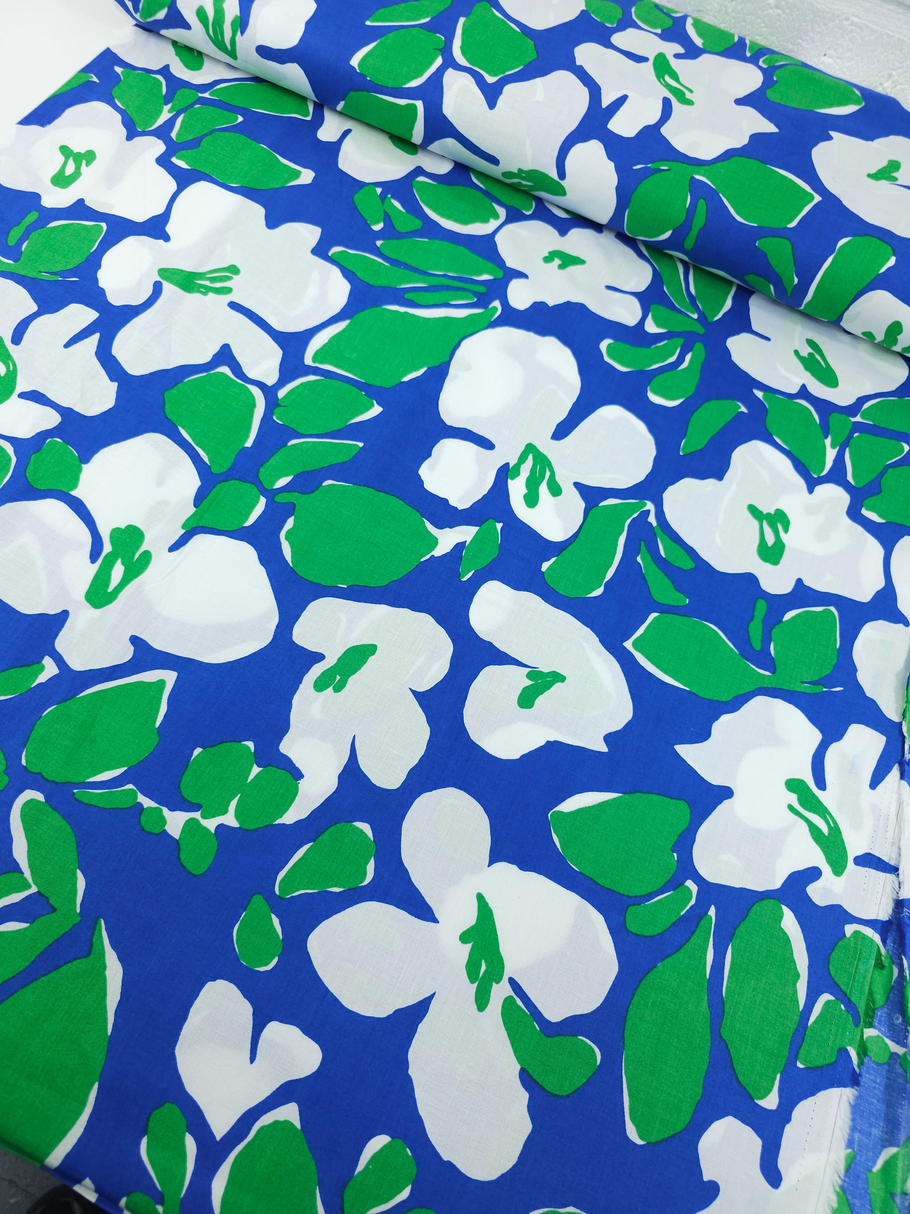 Blue/Green Watercolour Flower Leaf Lightweight Cotton Poplin