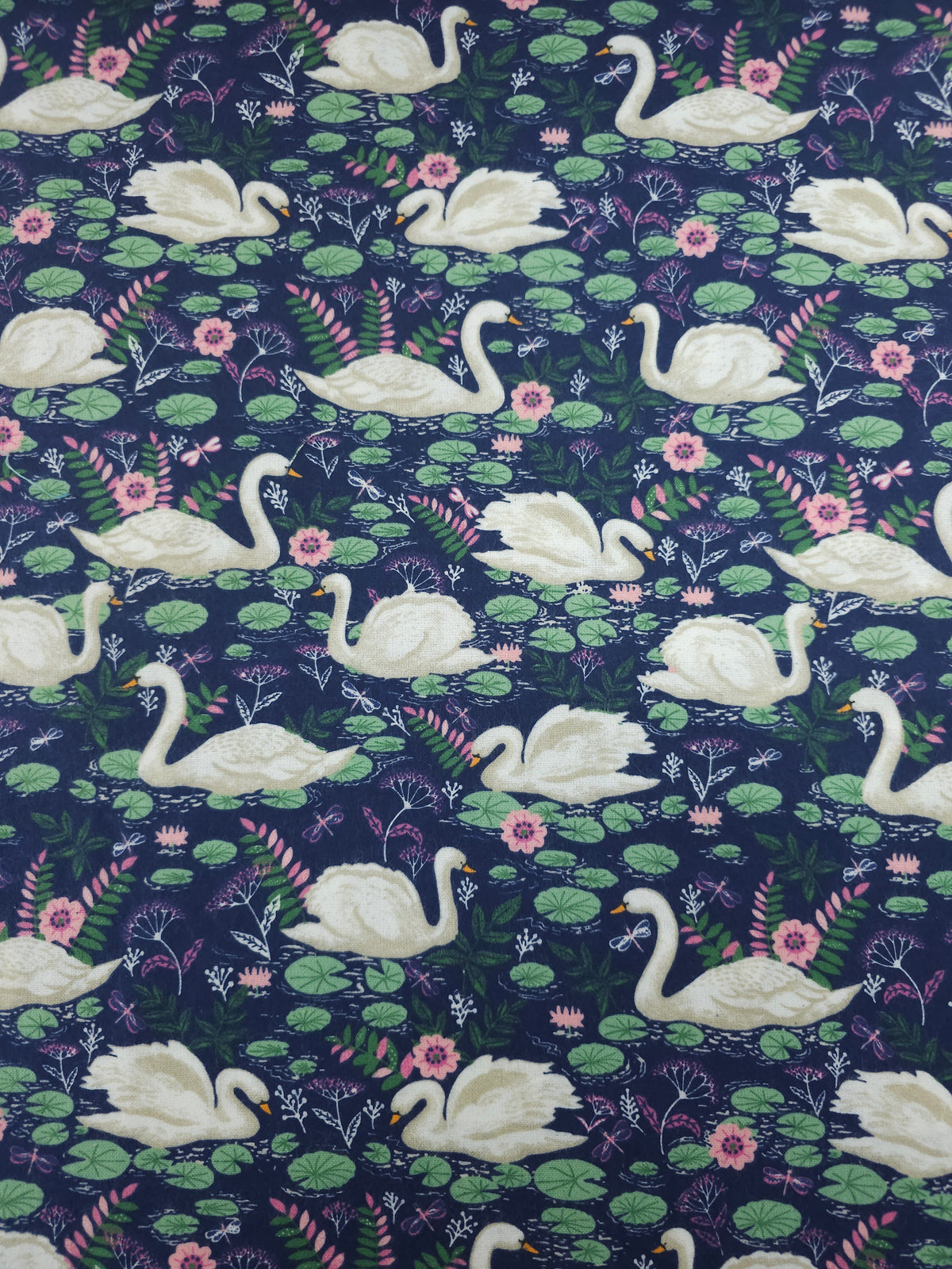 Navy Curious Swans Lightweight Flannel Cotton - Joann