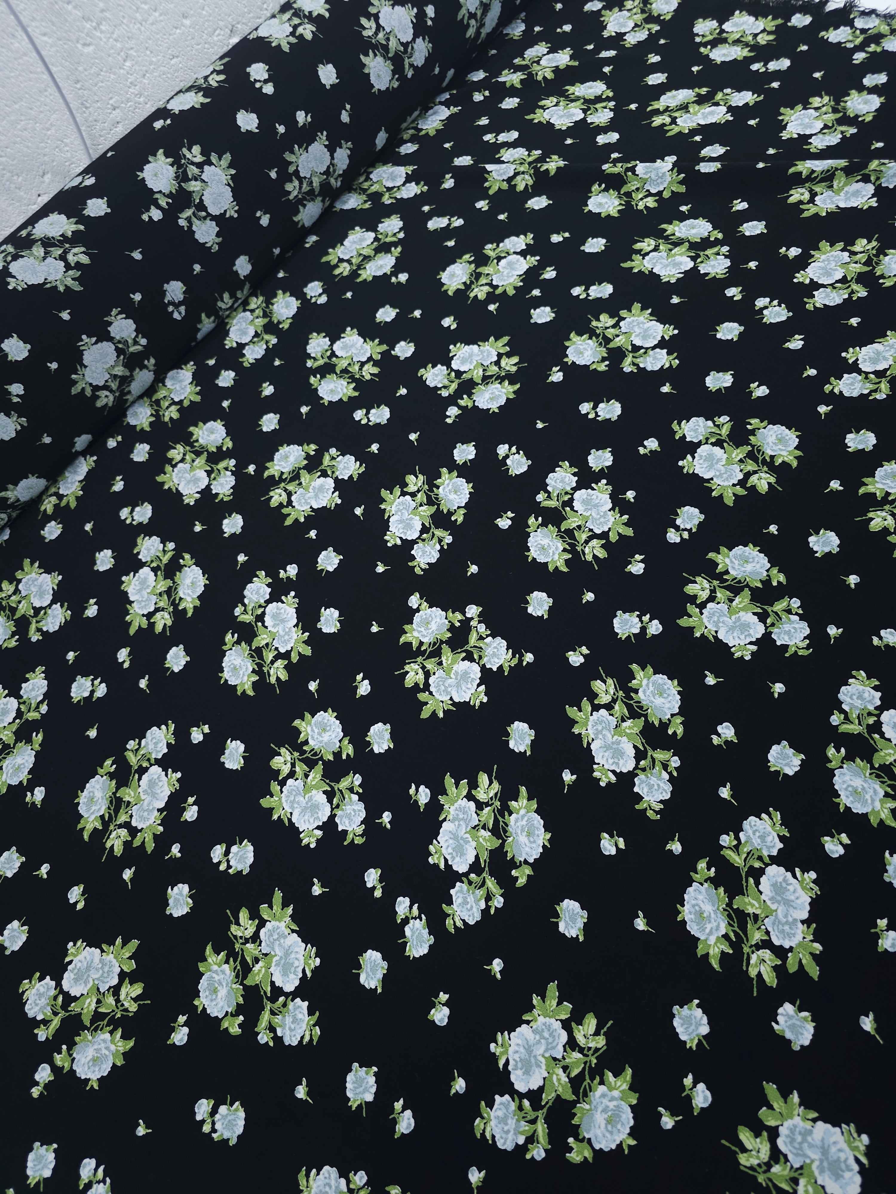 Light Blue/Black Floral Bouquet Viscose Crepe