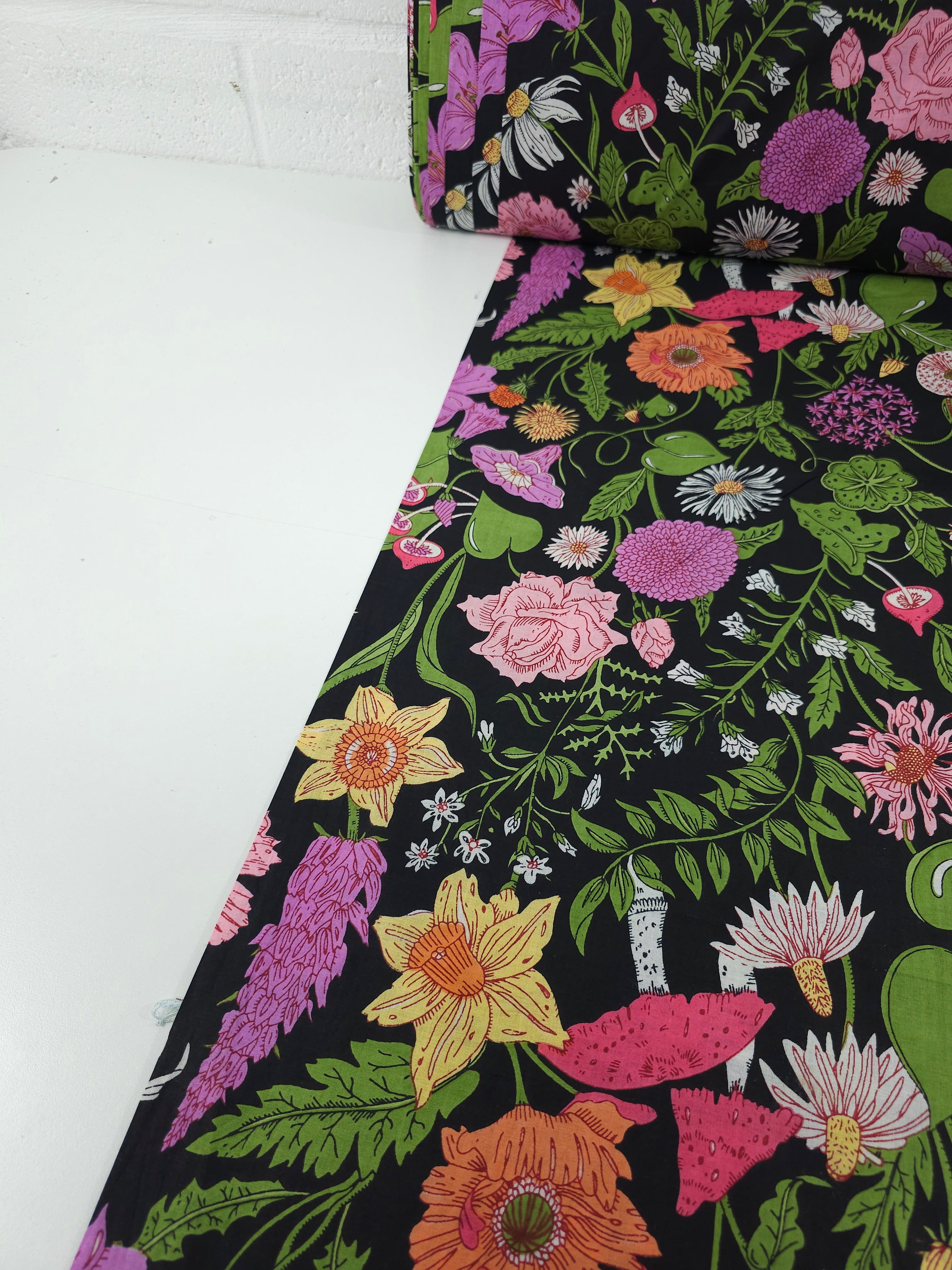 Black Floral Shroom Field Cambric Cotton