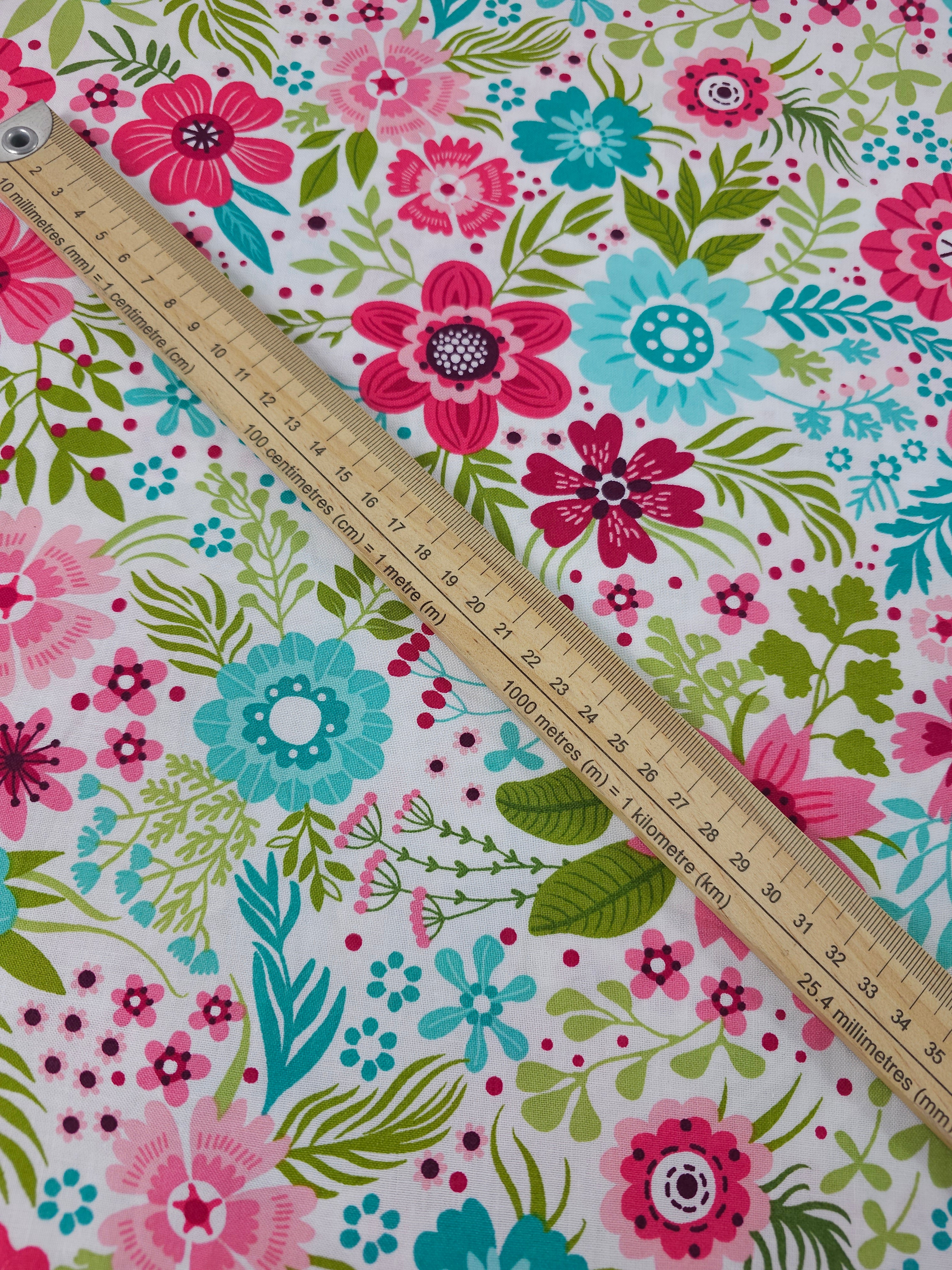 Pink/Blue Cottage Garden Floral 100% Cotton - Benartex