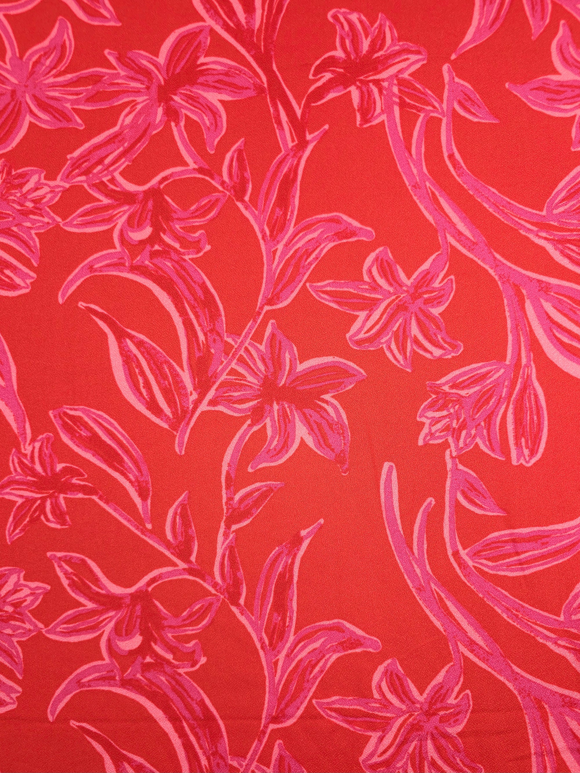 Red/Pinky Mauve Floral Leaf Viscose Challis