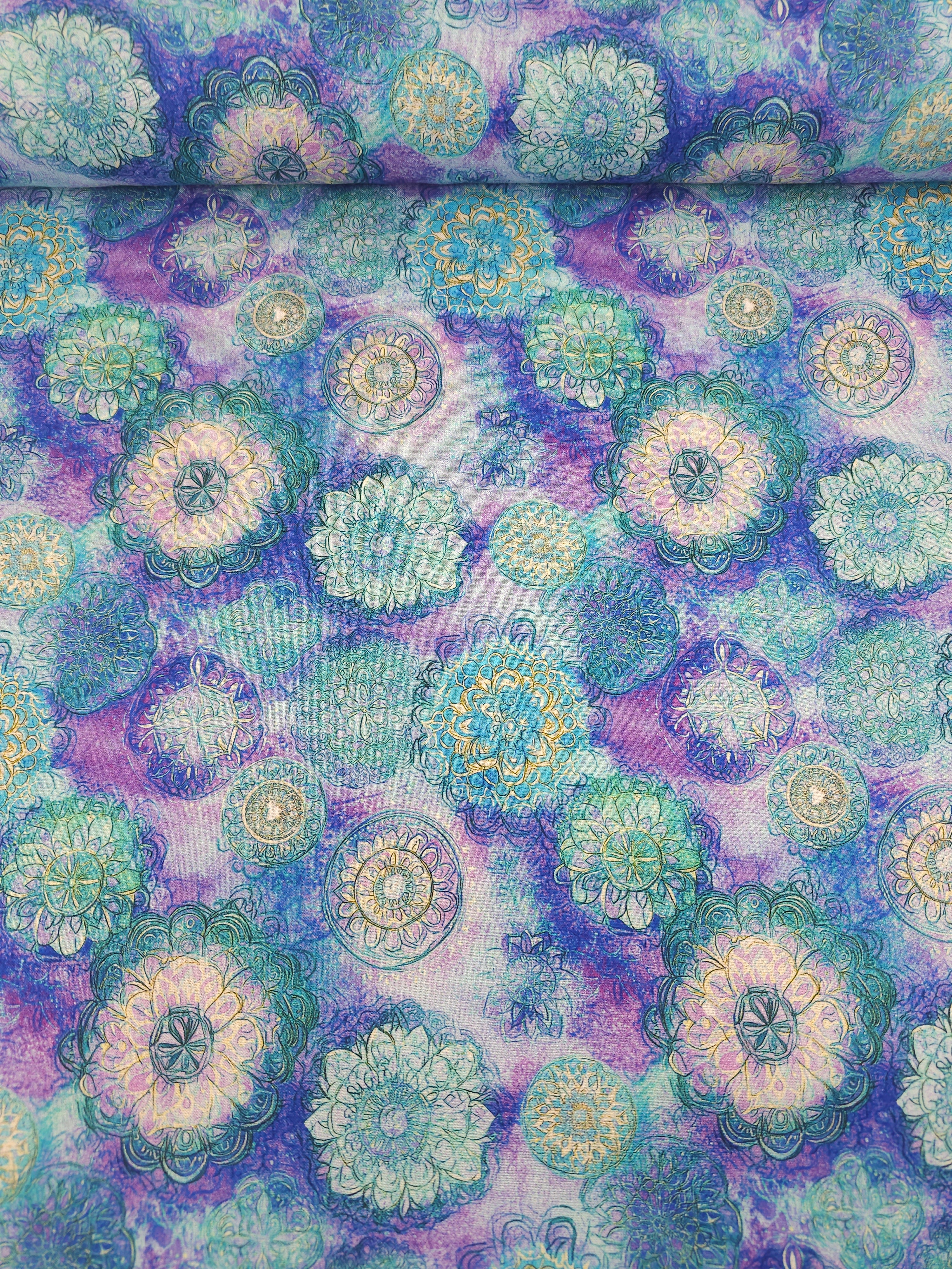 Purple/Turquoise Spiral Medallion 100% Cotton 104” *EXTRA WIDE*