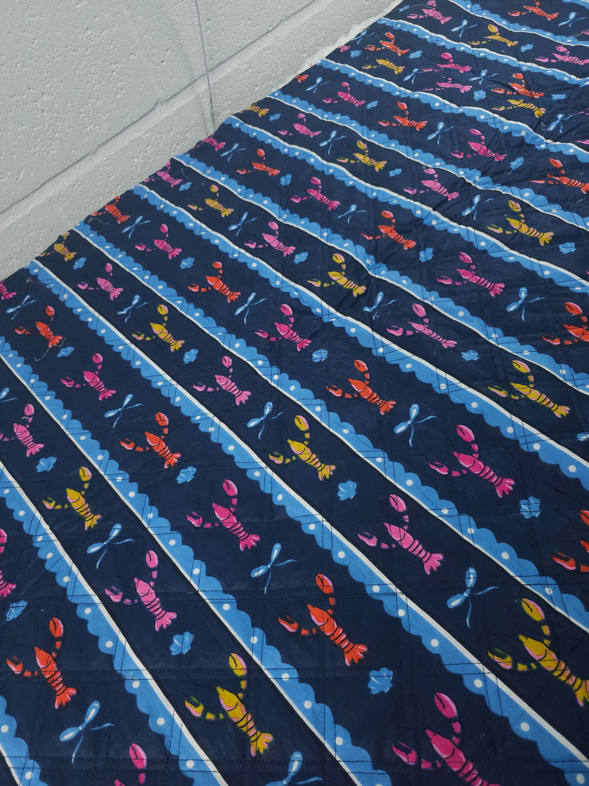 Petrol Navy Lobster Stripe Quilted Screen Print - 1.35m Piece