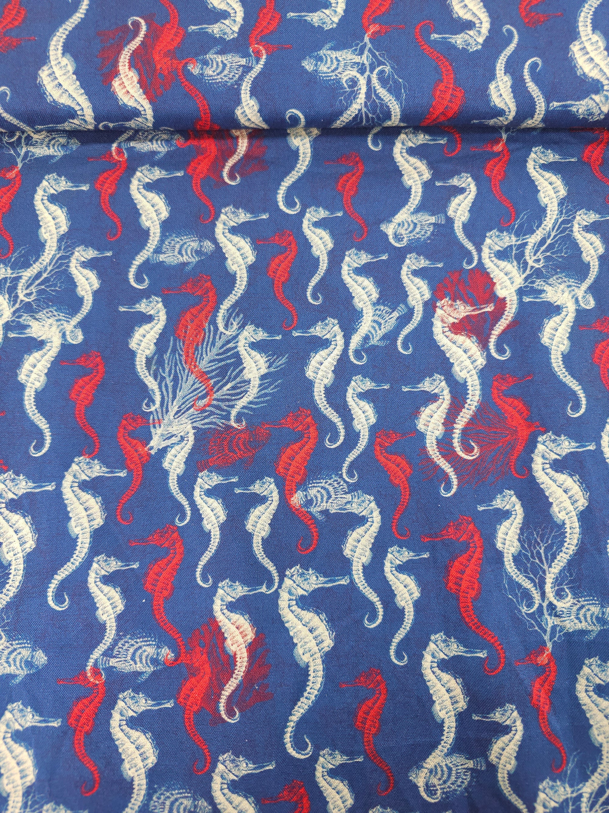 Blue/Red Retro Seahorse 100% Cotton