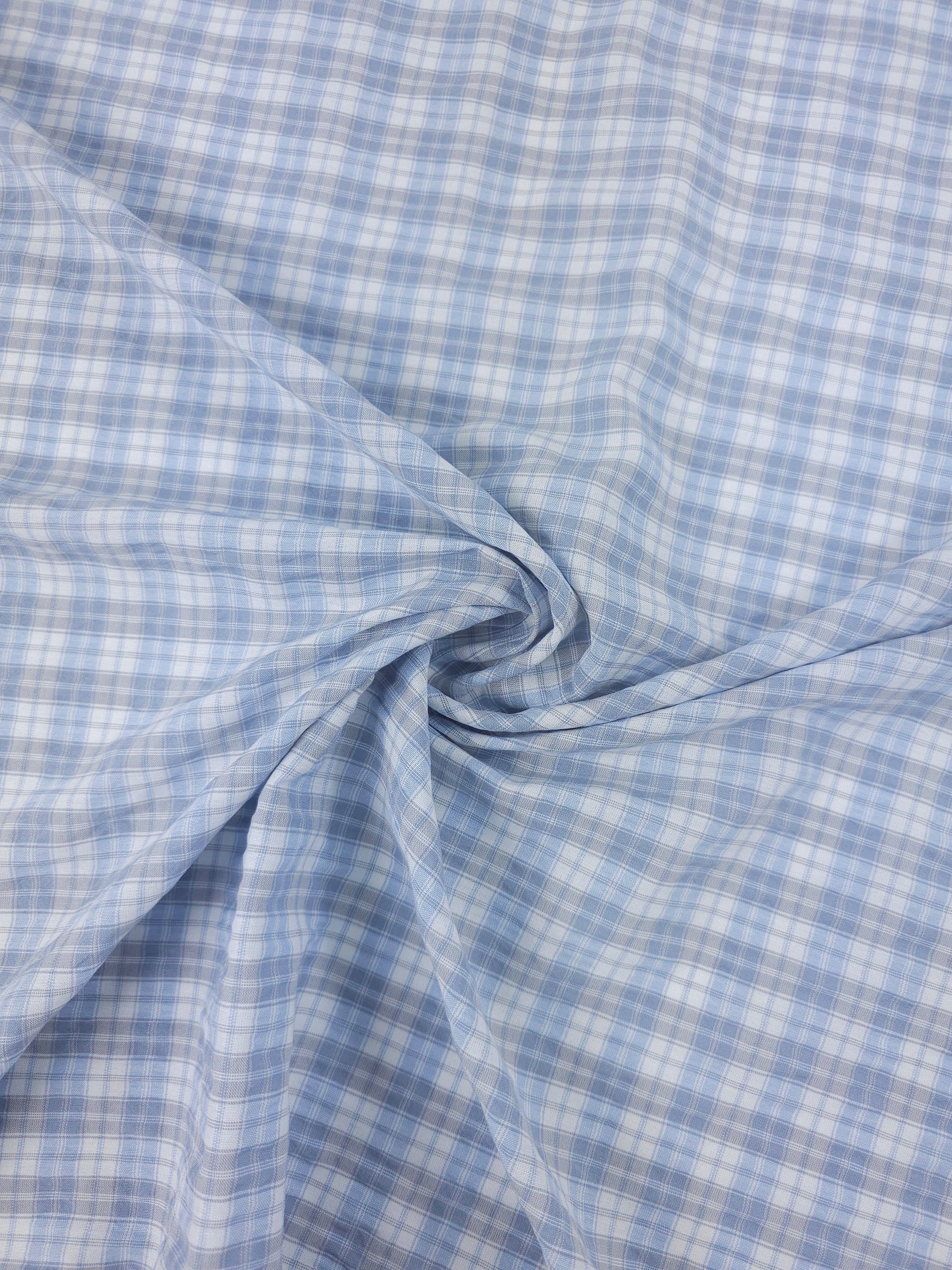 Baby Blue/Grey Tartan Crinkle Poly Cotton