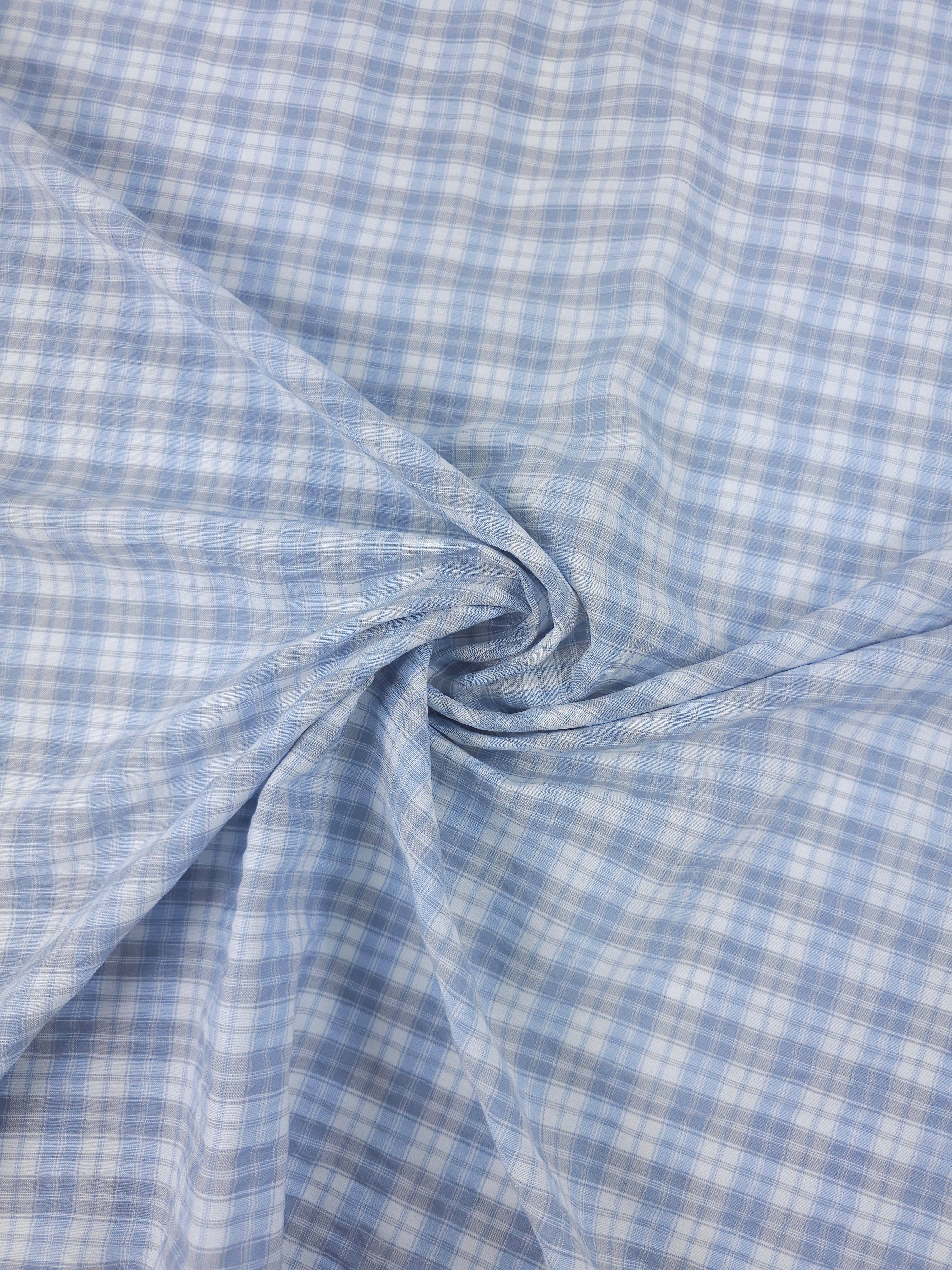 Baby Blue/Grey Tartan Crinkle Poly Cotton