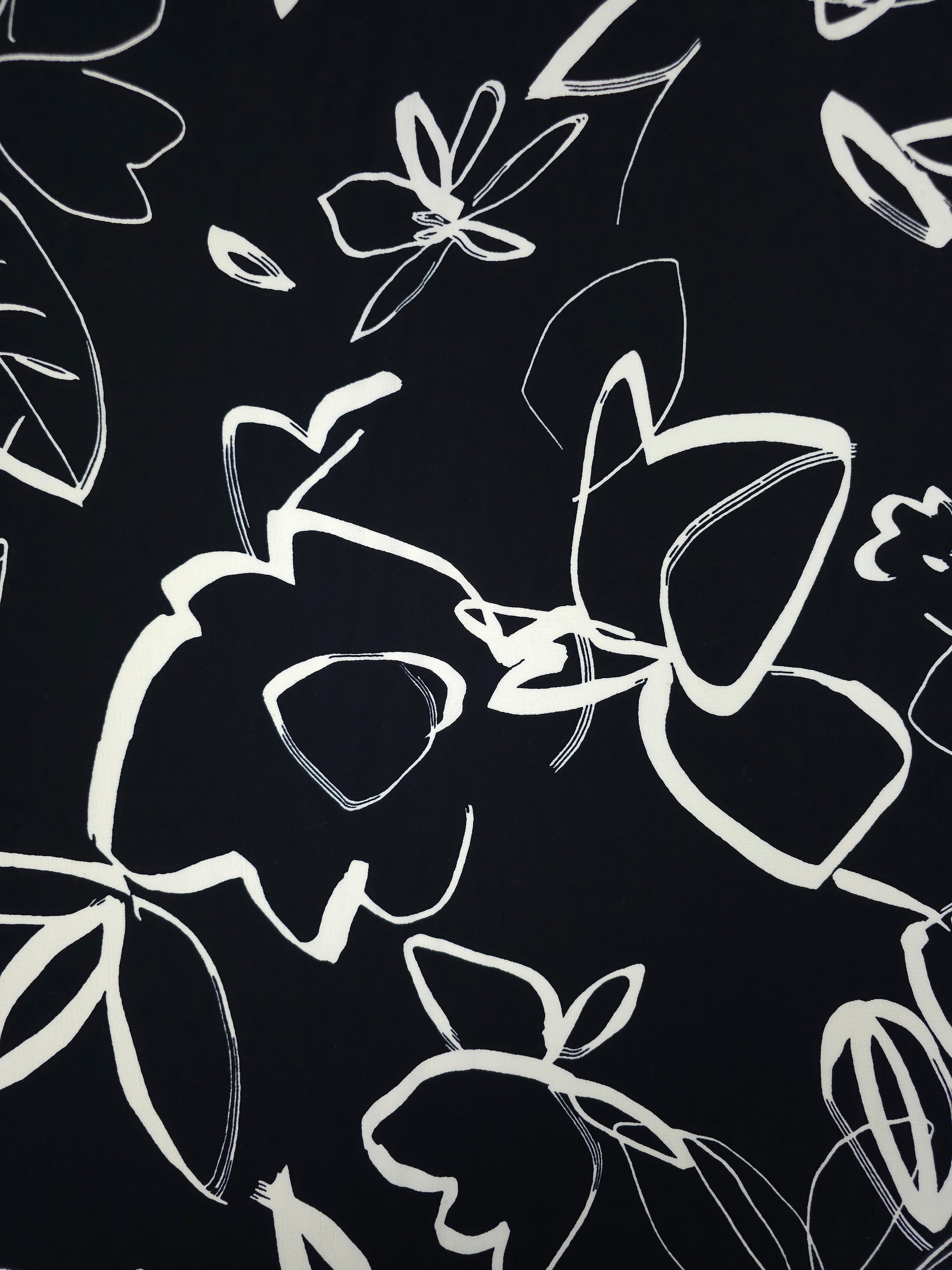 Black/Ivory Spaced Floral Sketch Viscose Crepe