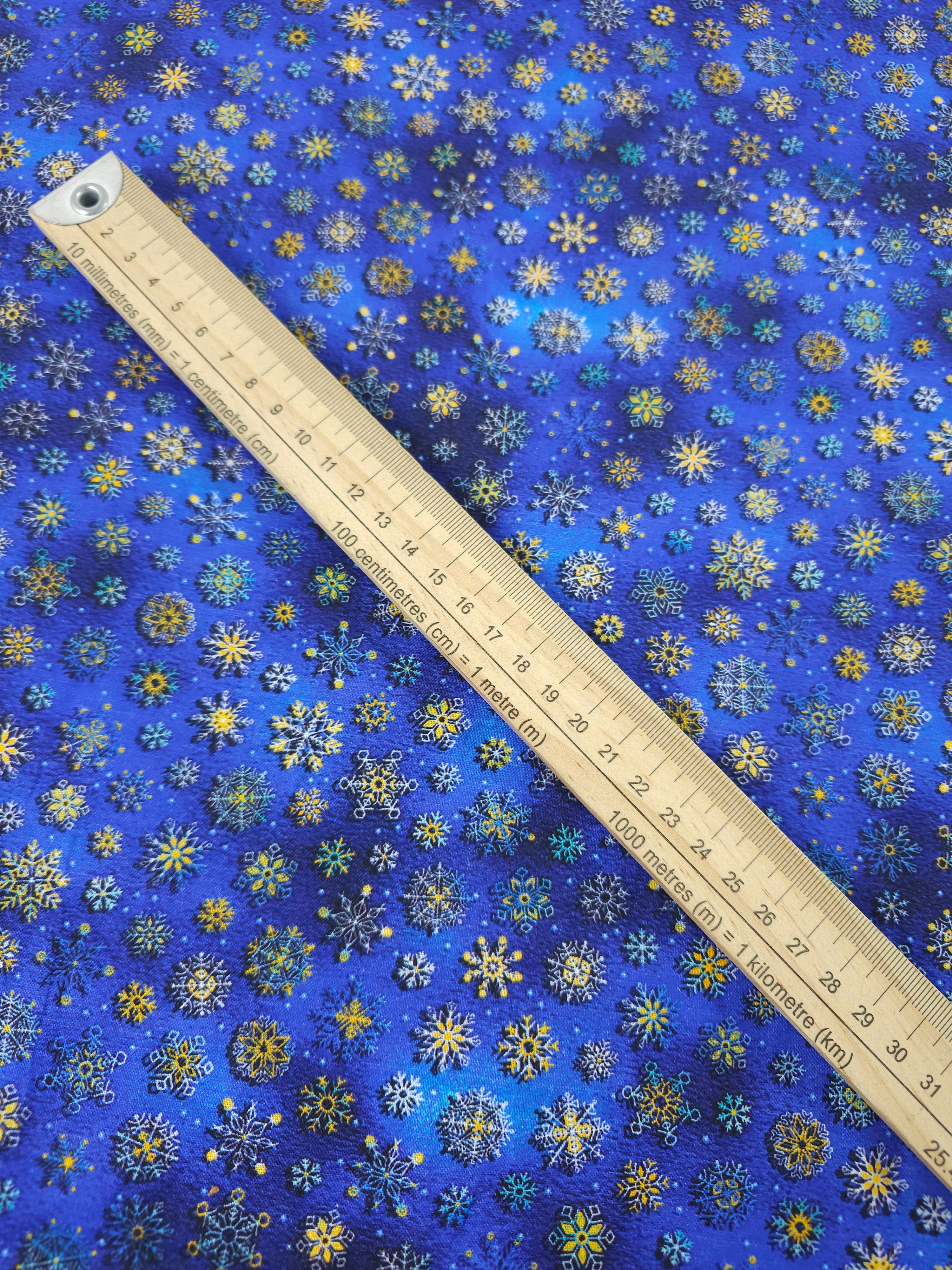 Blue/Gold Snowflakes 100% Cotton