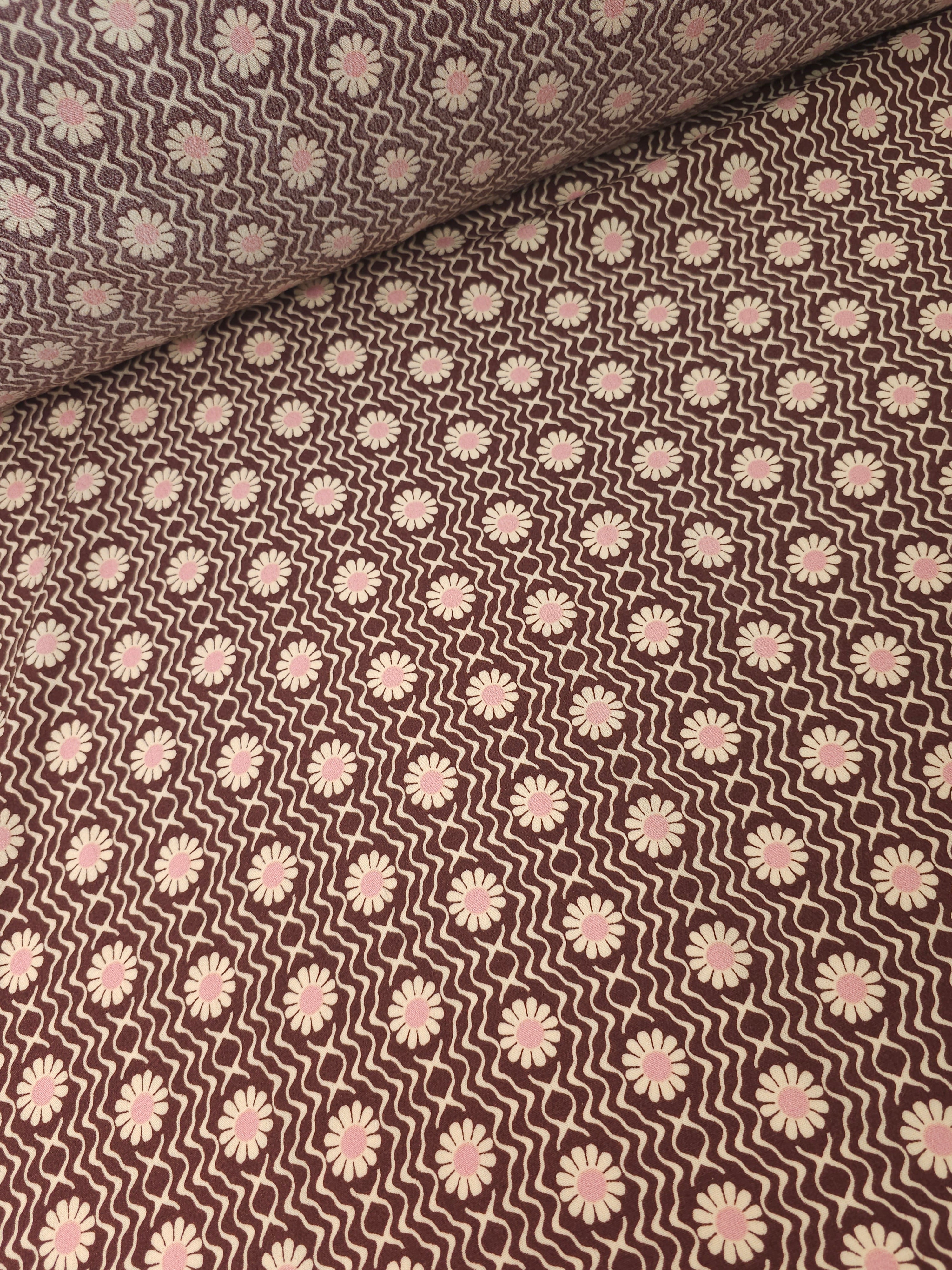 Brown/Pink Daisy Wave Viscose Crepe