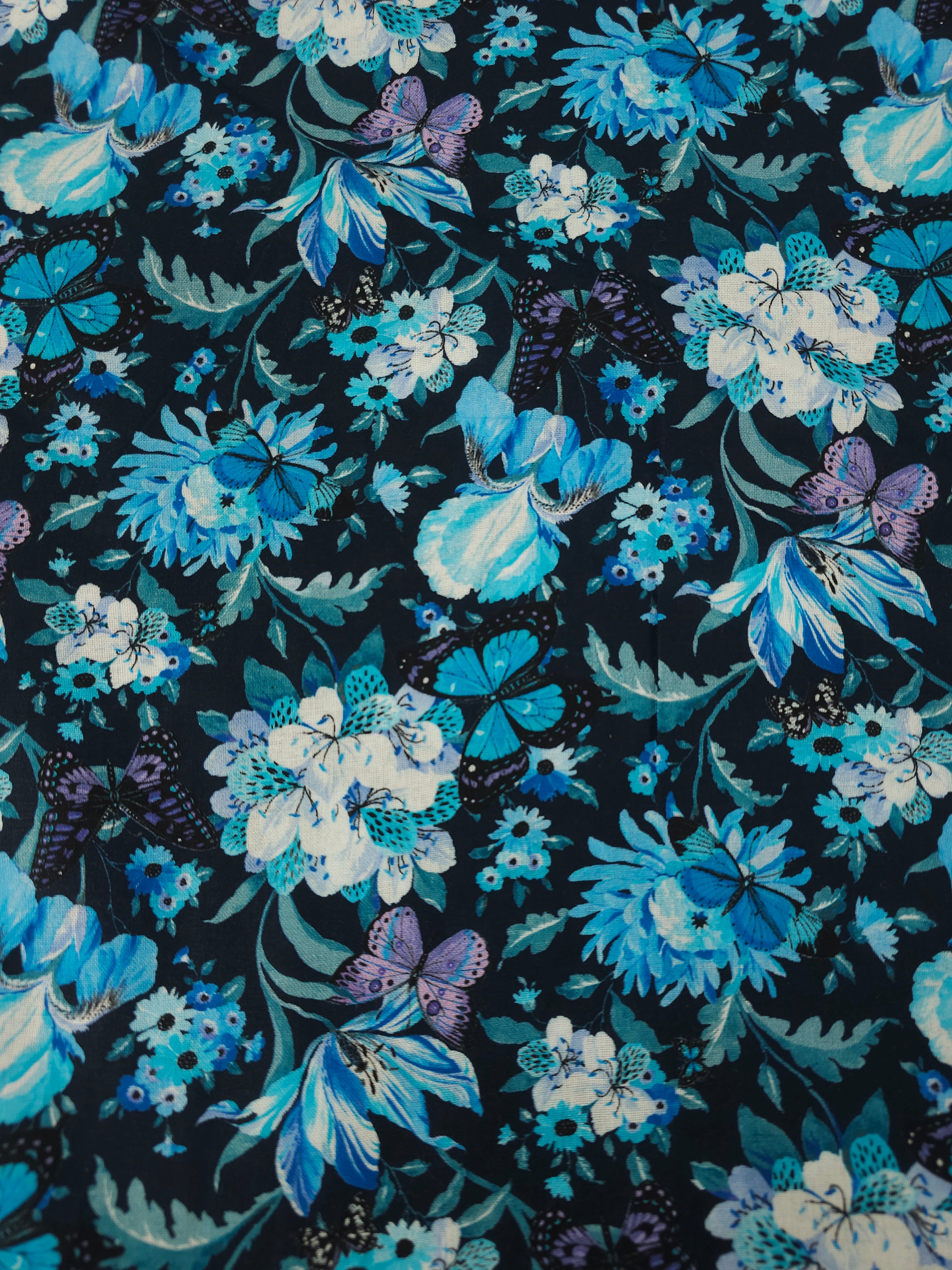 Blue/Purple Midnight Butterfly Floral 100% Cotton
