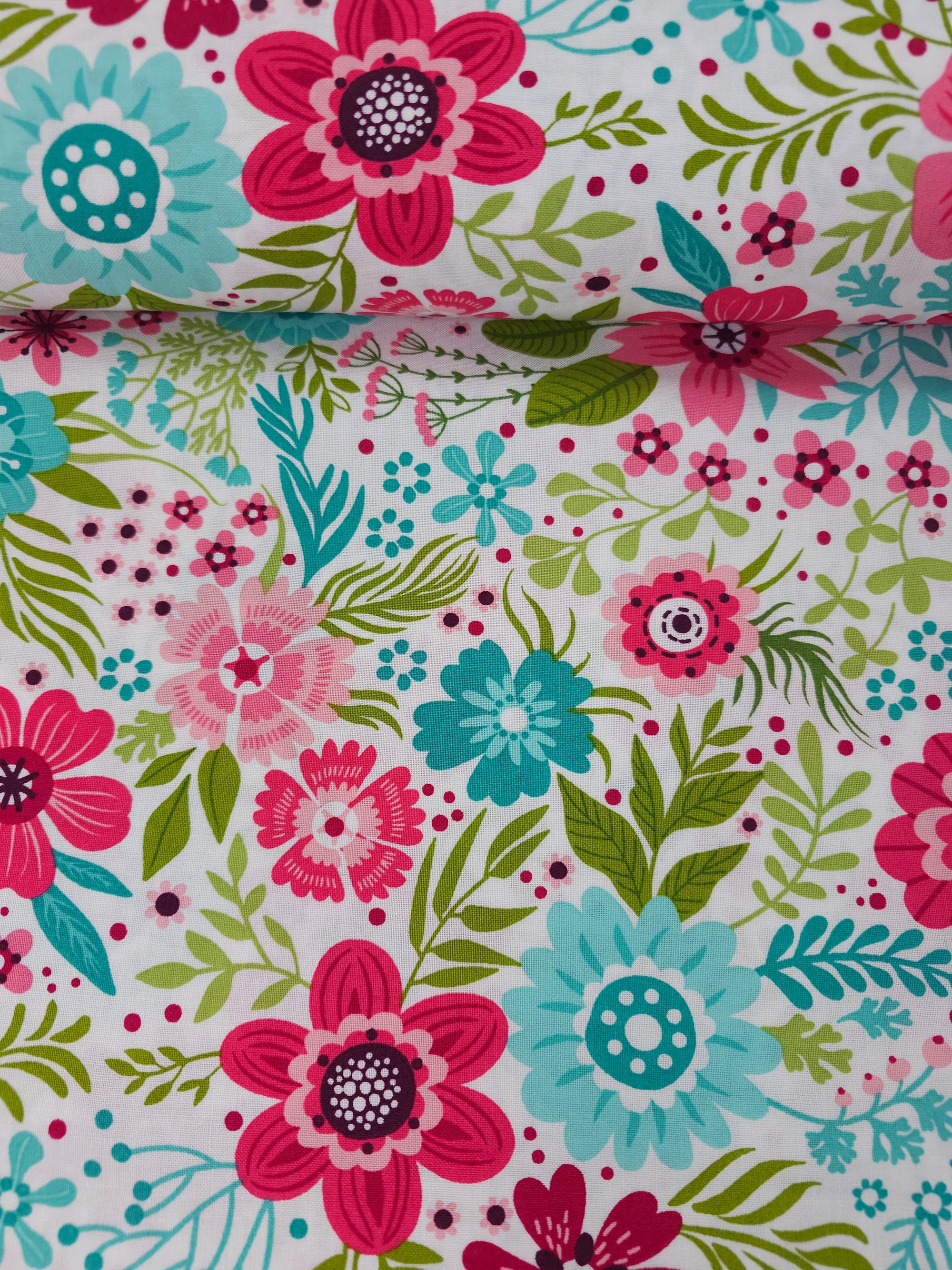 Pink/Blue Cottage Garden Floral 100% Cotton - Benartex