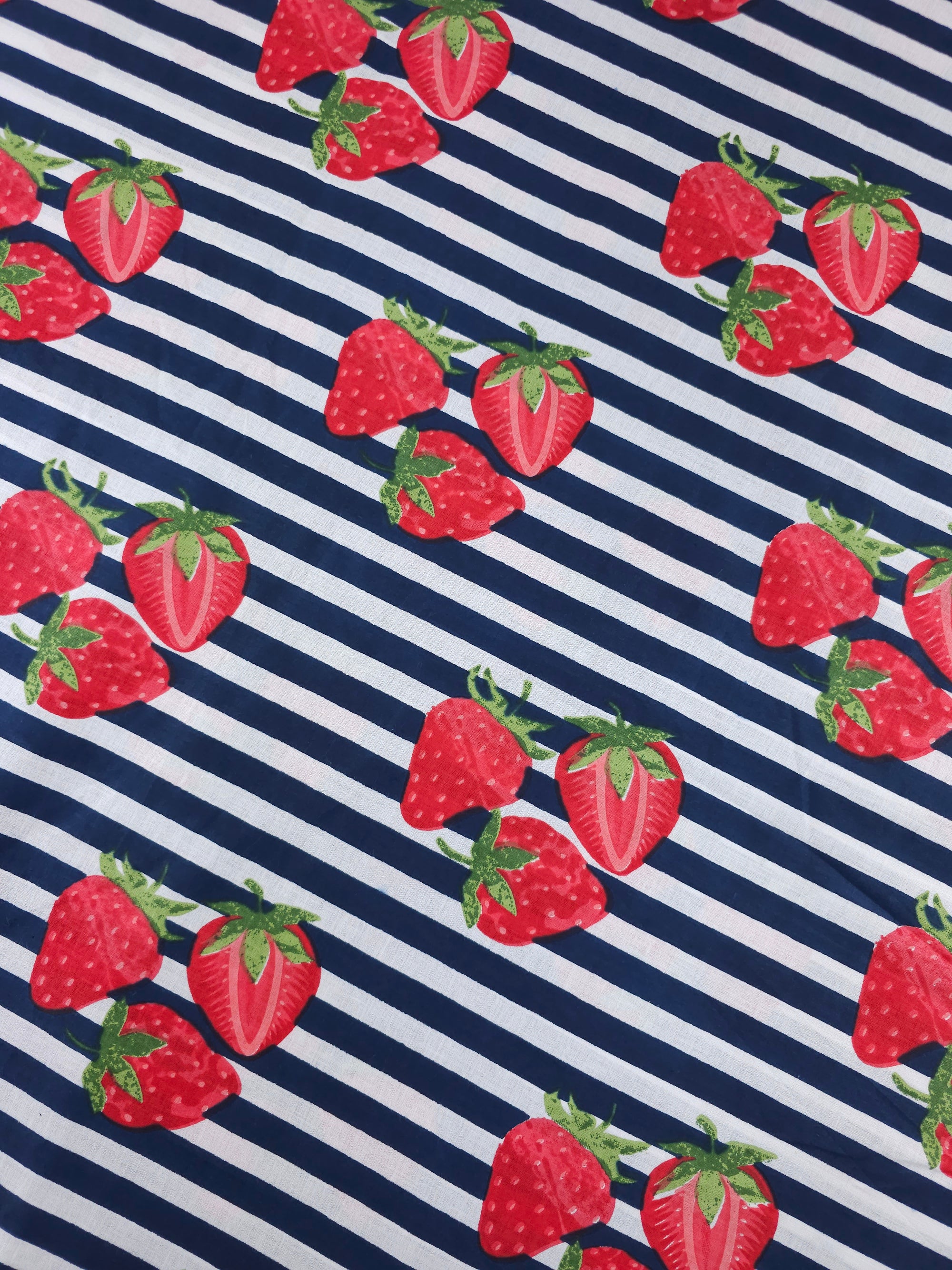 Navy Strawberry Stripe Lightweight Cambric Cotton