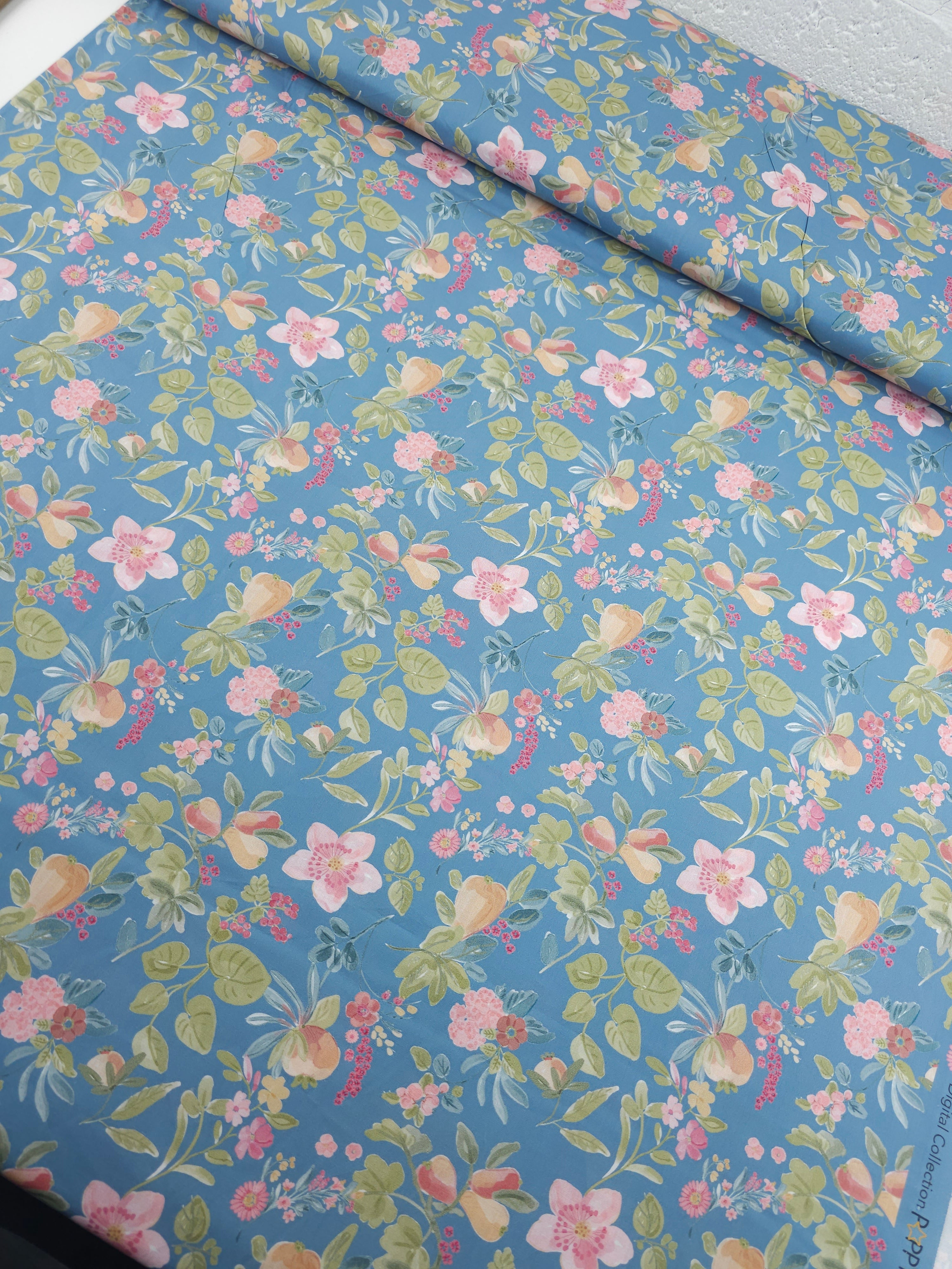 Powder Blue Floral Fruit Lightweight Cotton 57"