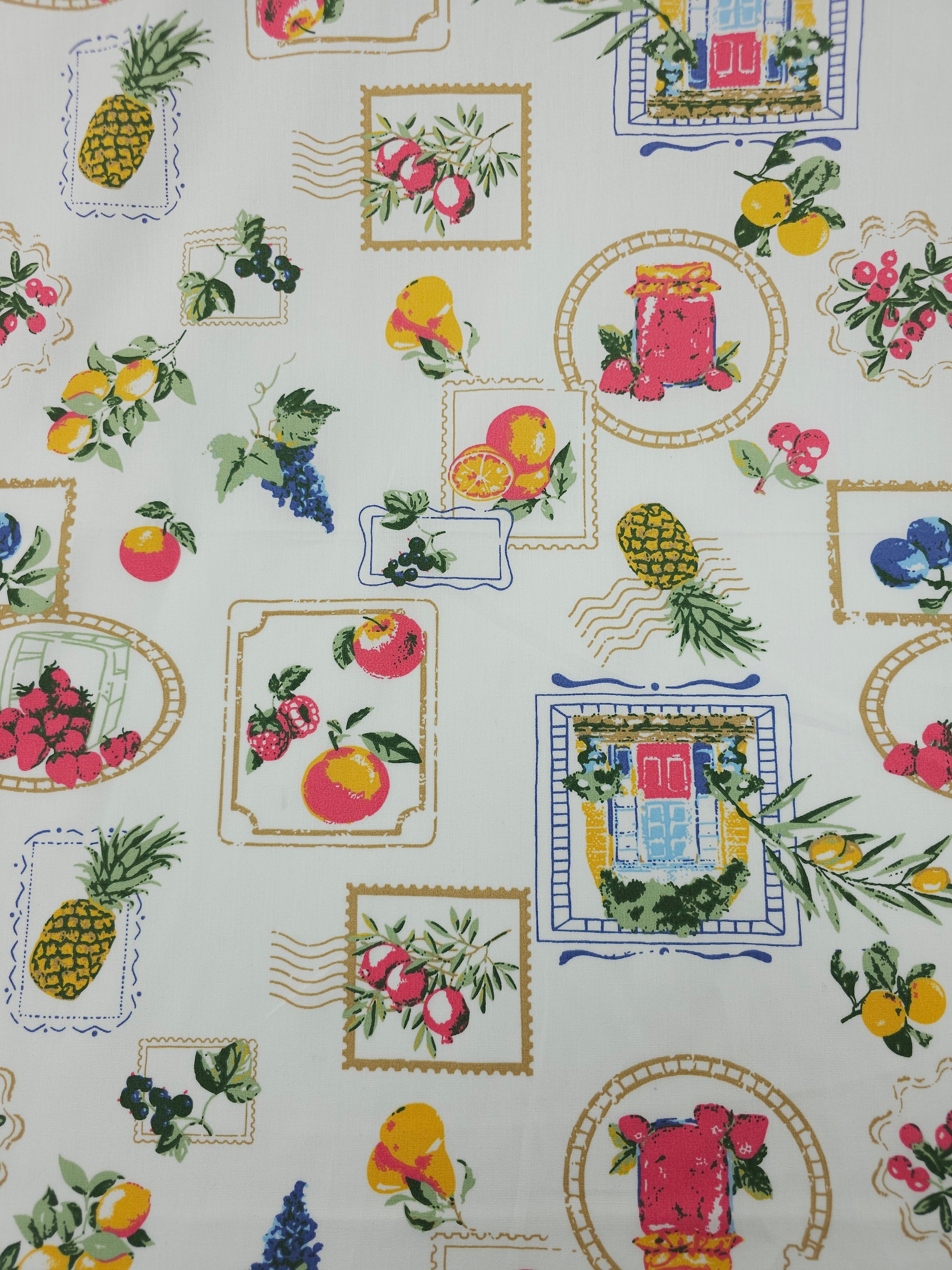Retro Postcard Fruit Stamp Cotton Poplin