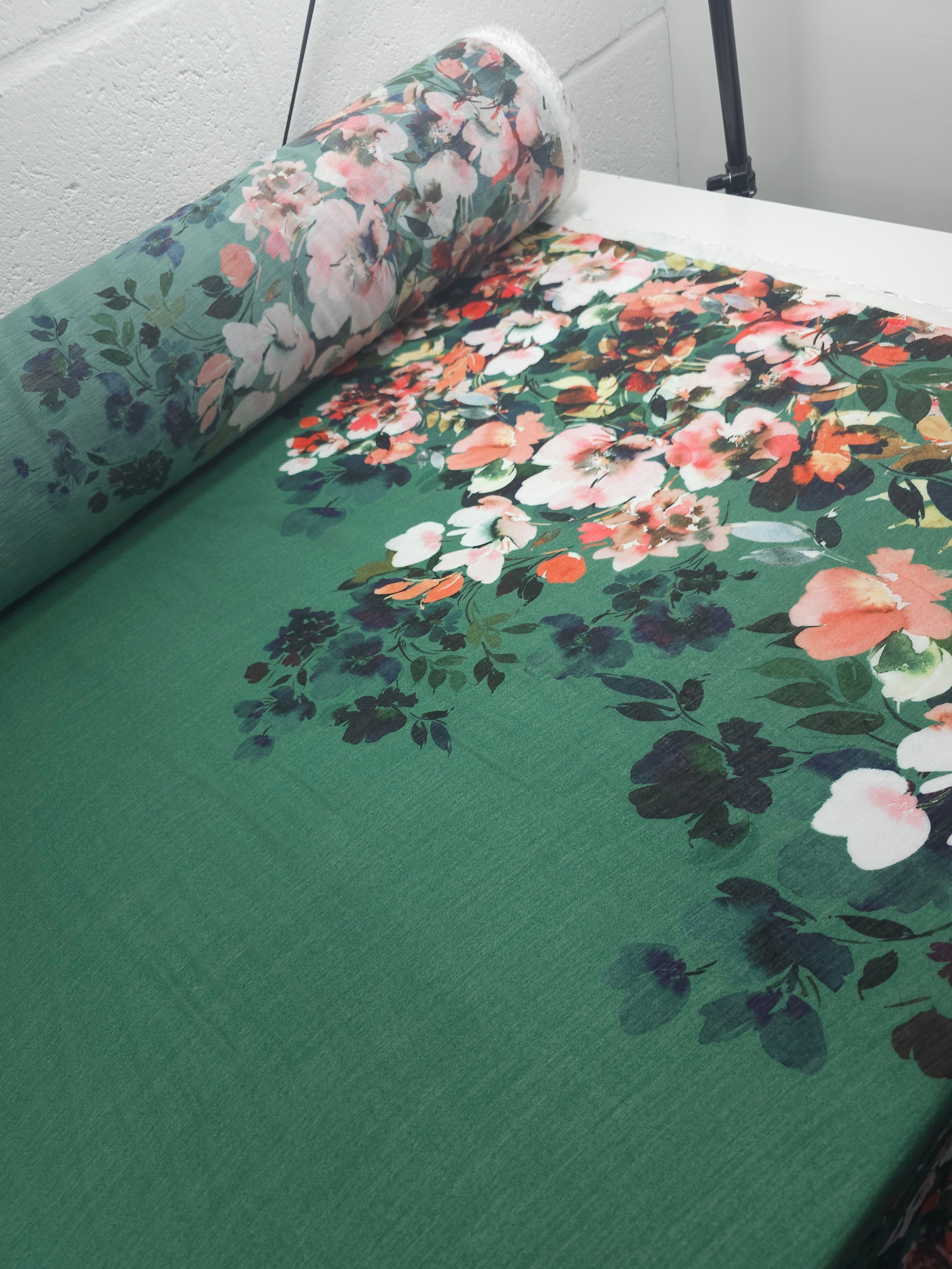 Green Double Floral Border Viscose Voile