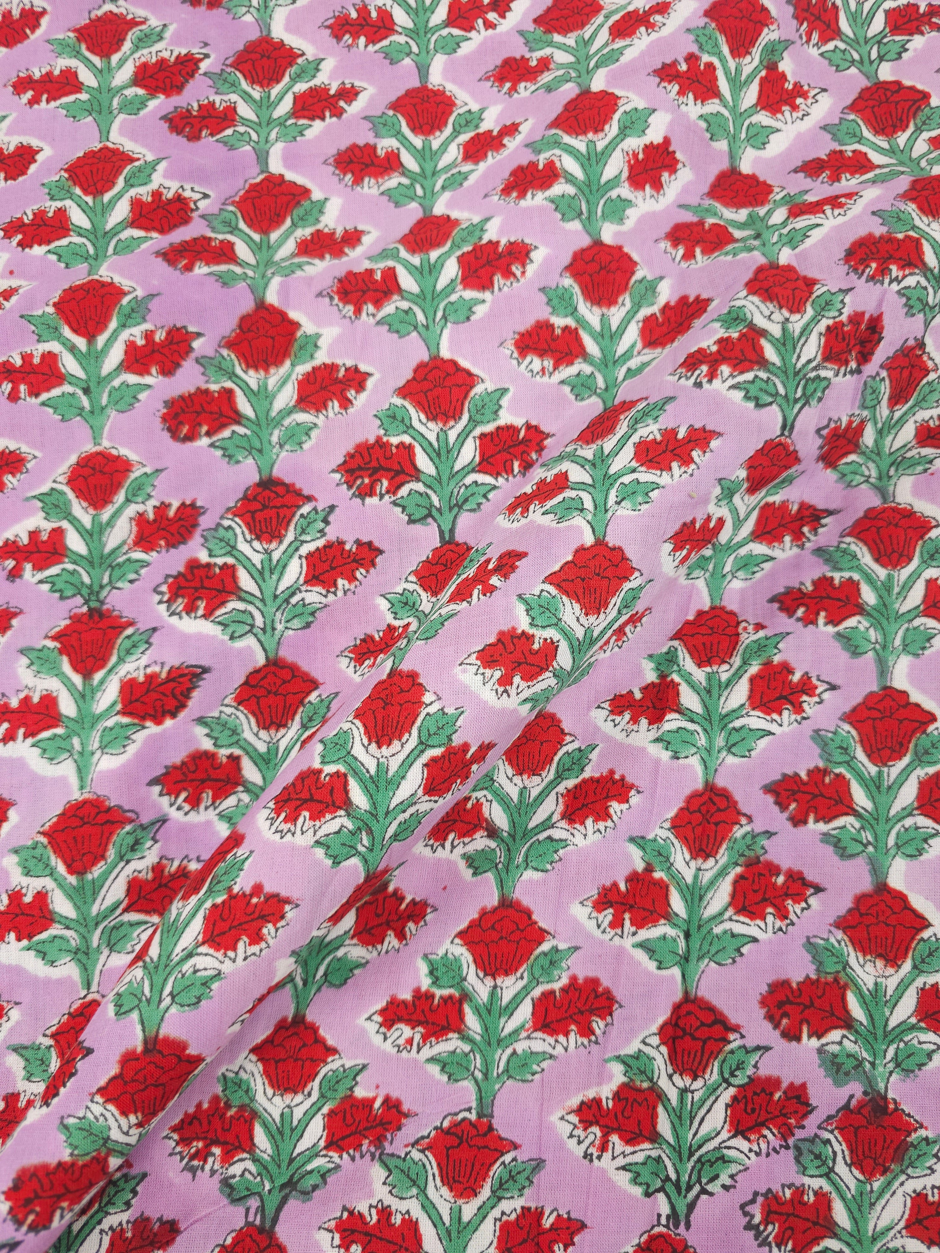 Lilac Pink Trio Flower Block Print Cotton