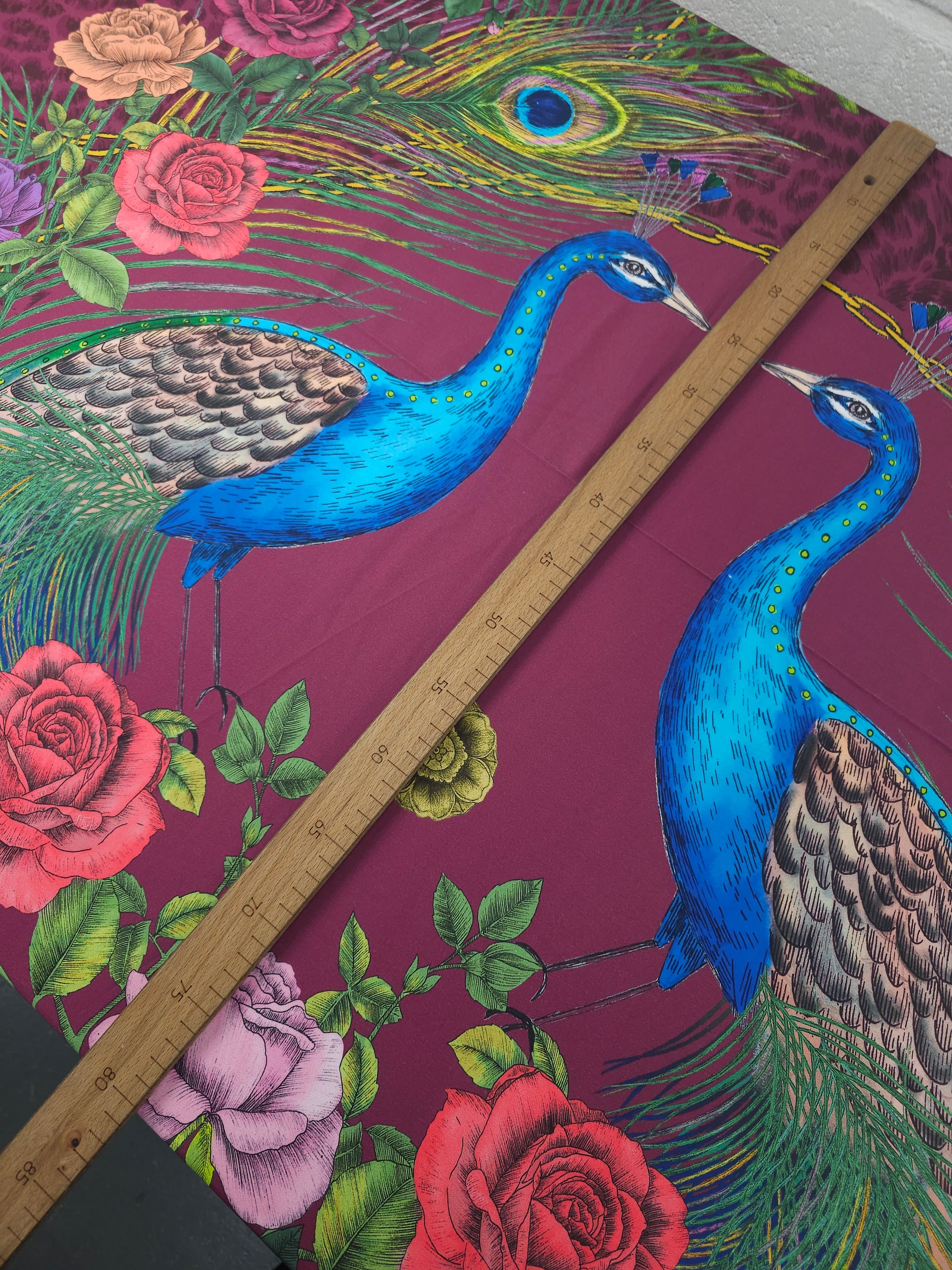 Plum Peacock Pair Cotton Sateen  96" *EXTRA WIDE* - 2.15m Panel