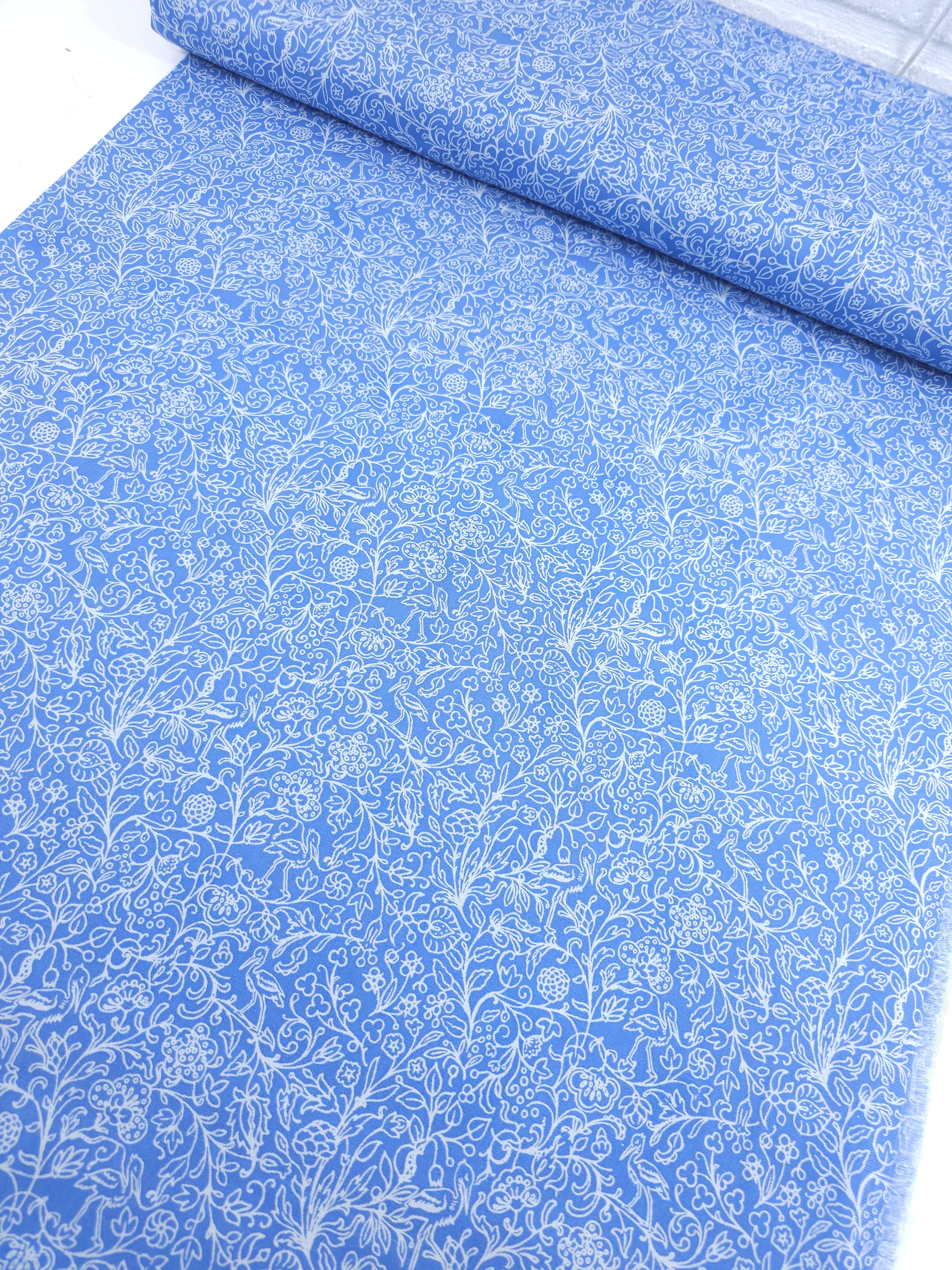 Soft Blue/White Bird Floral Sketch 100% Cotton