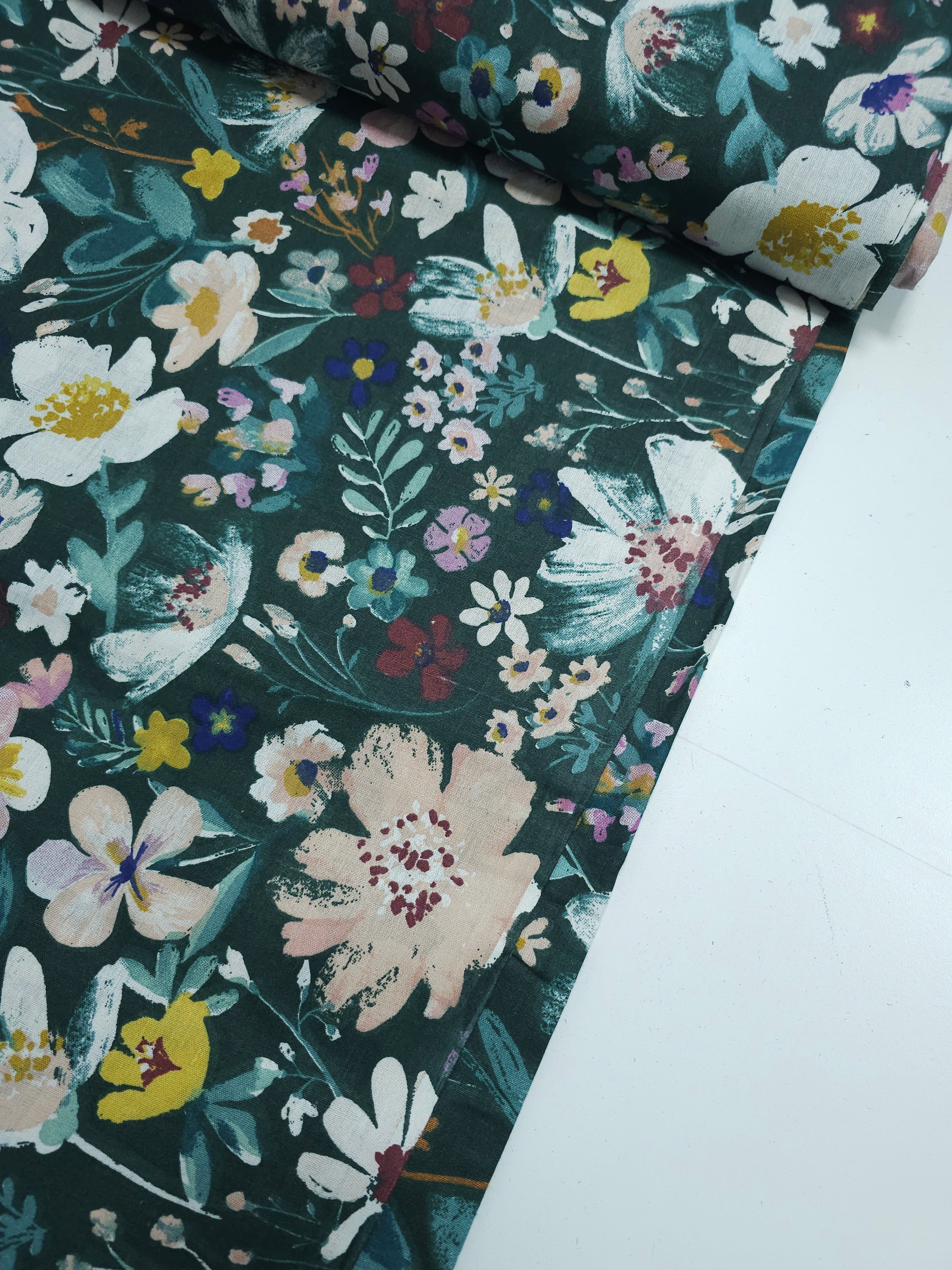 Bottle Green Floral Meadow 100% Cotton 94"