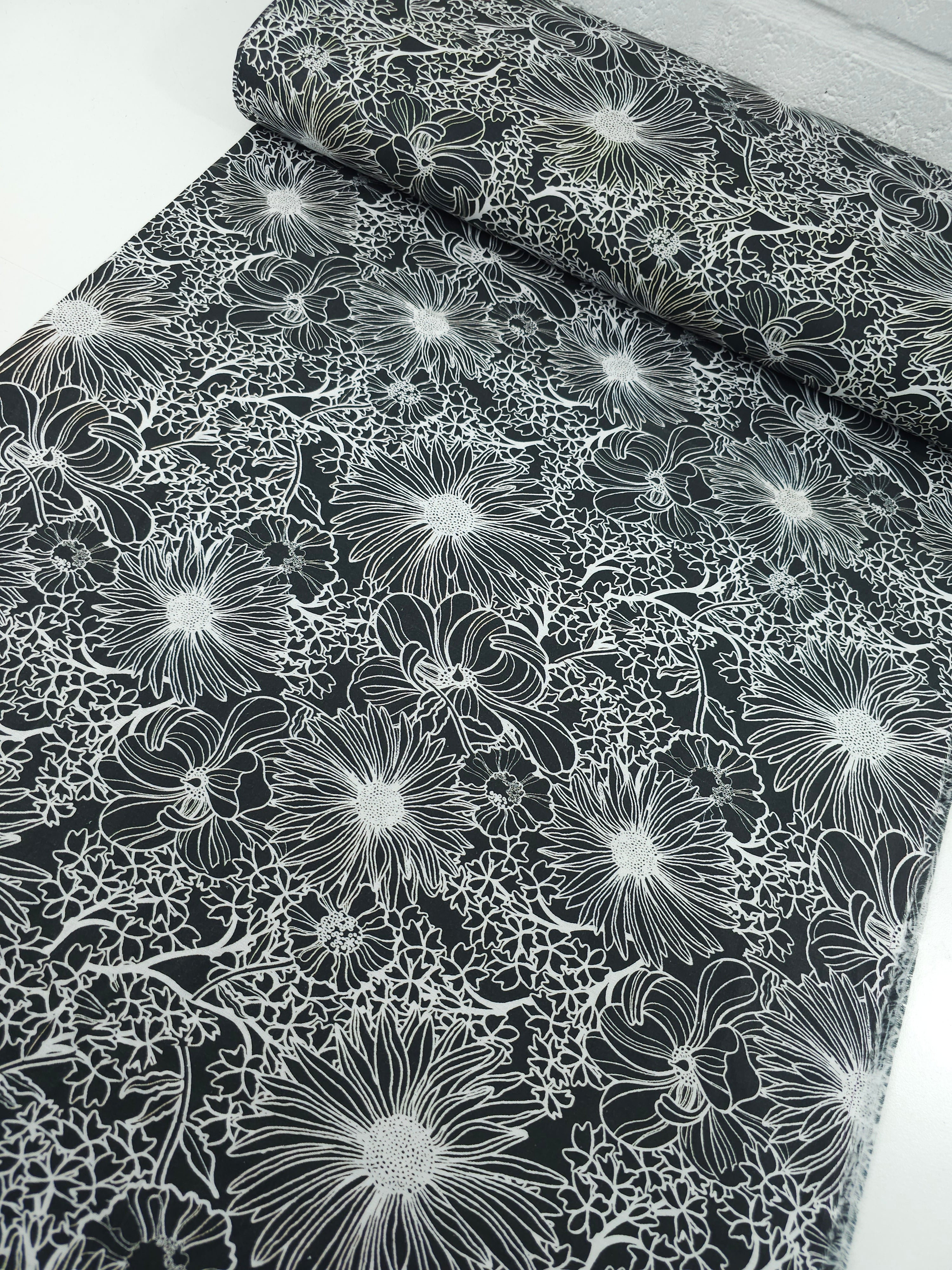 Black Wonder Floral Sketch 100% Cotton