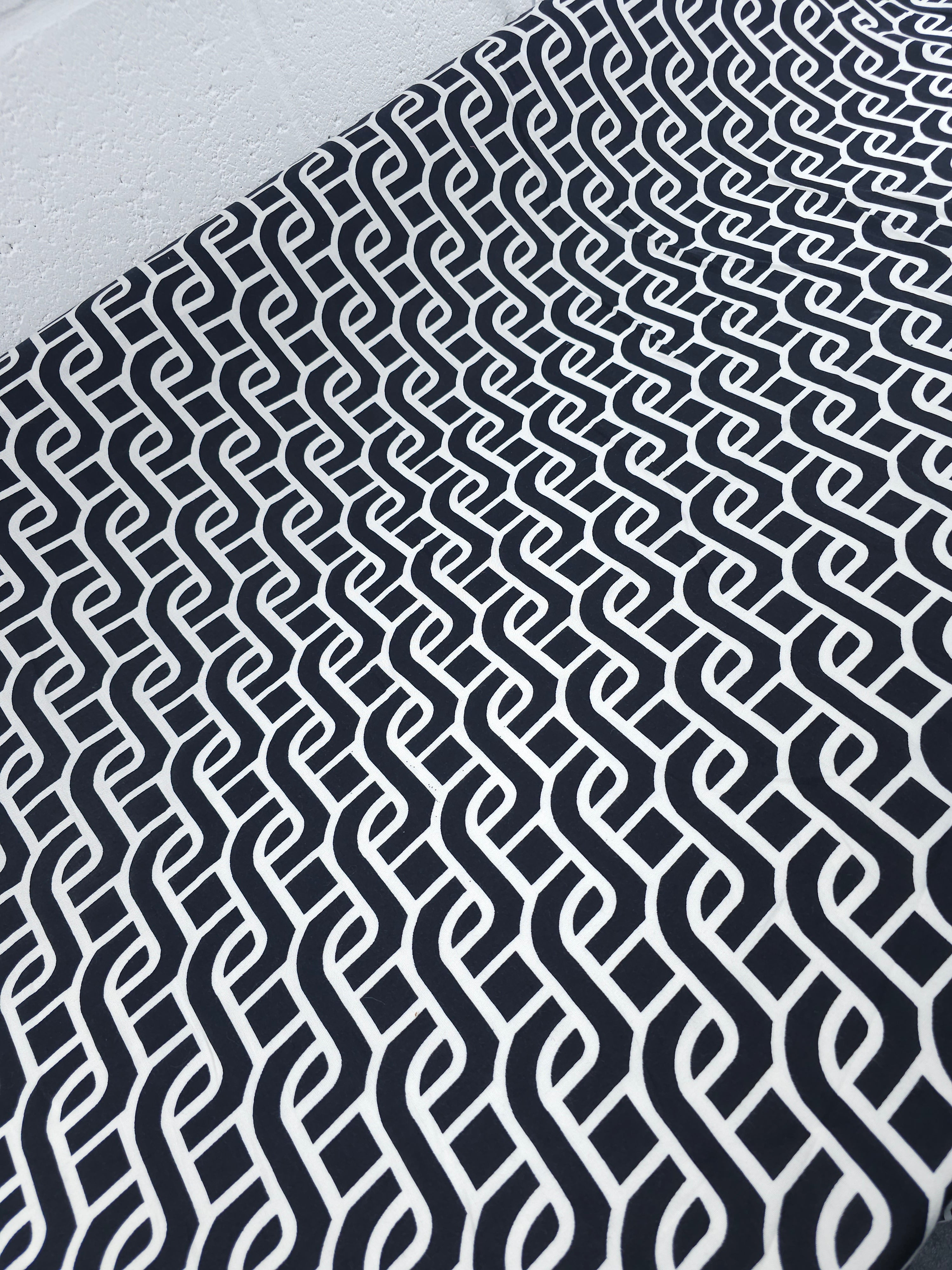 Black/Off-White Geometric Step Link Viscose Challis