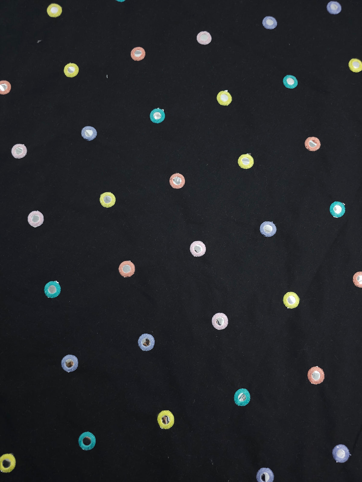 Black/Pastel Embroidered Mirror Circles Cotton Poplin