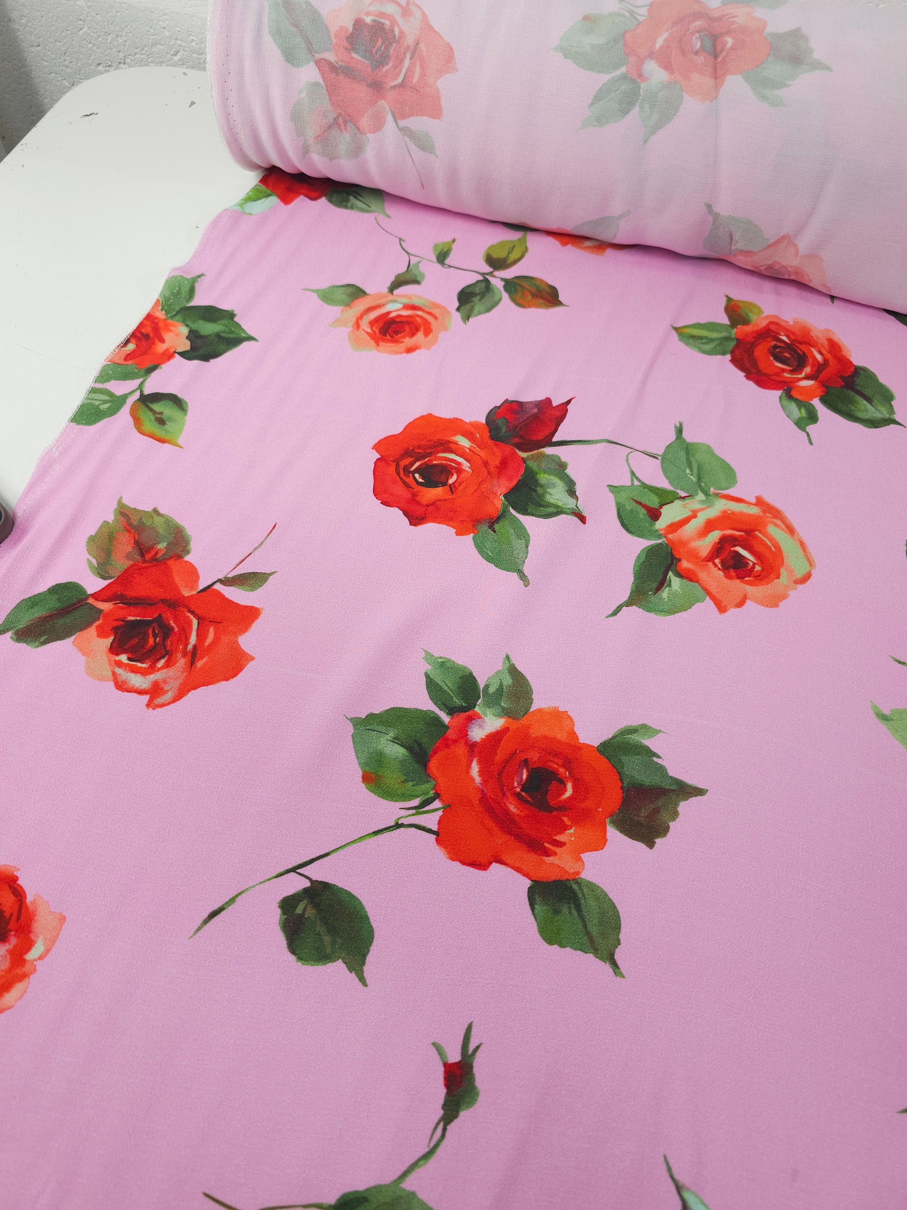 Pink/Red Rose Bunch Viscose Crepe