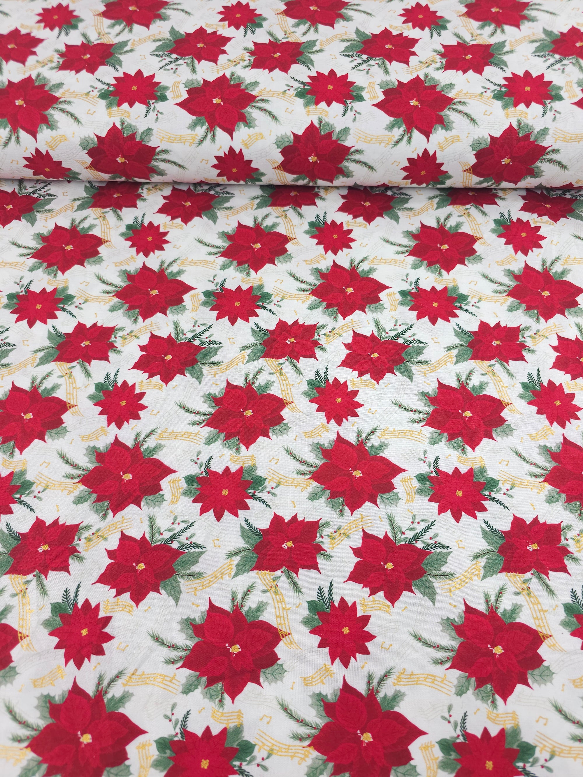 Red/White Musical Poinsettia Floral 100% Cotton