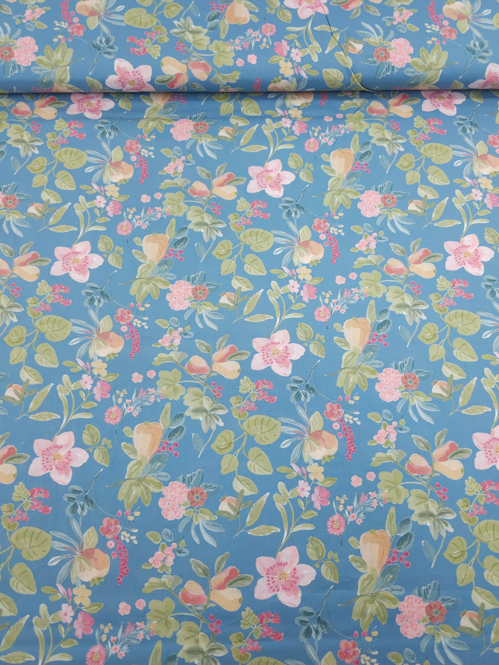 Powder Blue Floral Fruit Lightweight Cotton 57"
